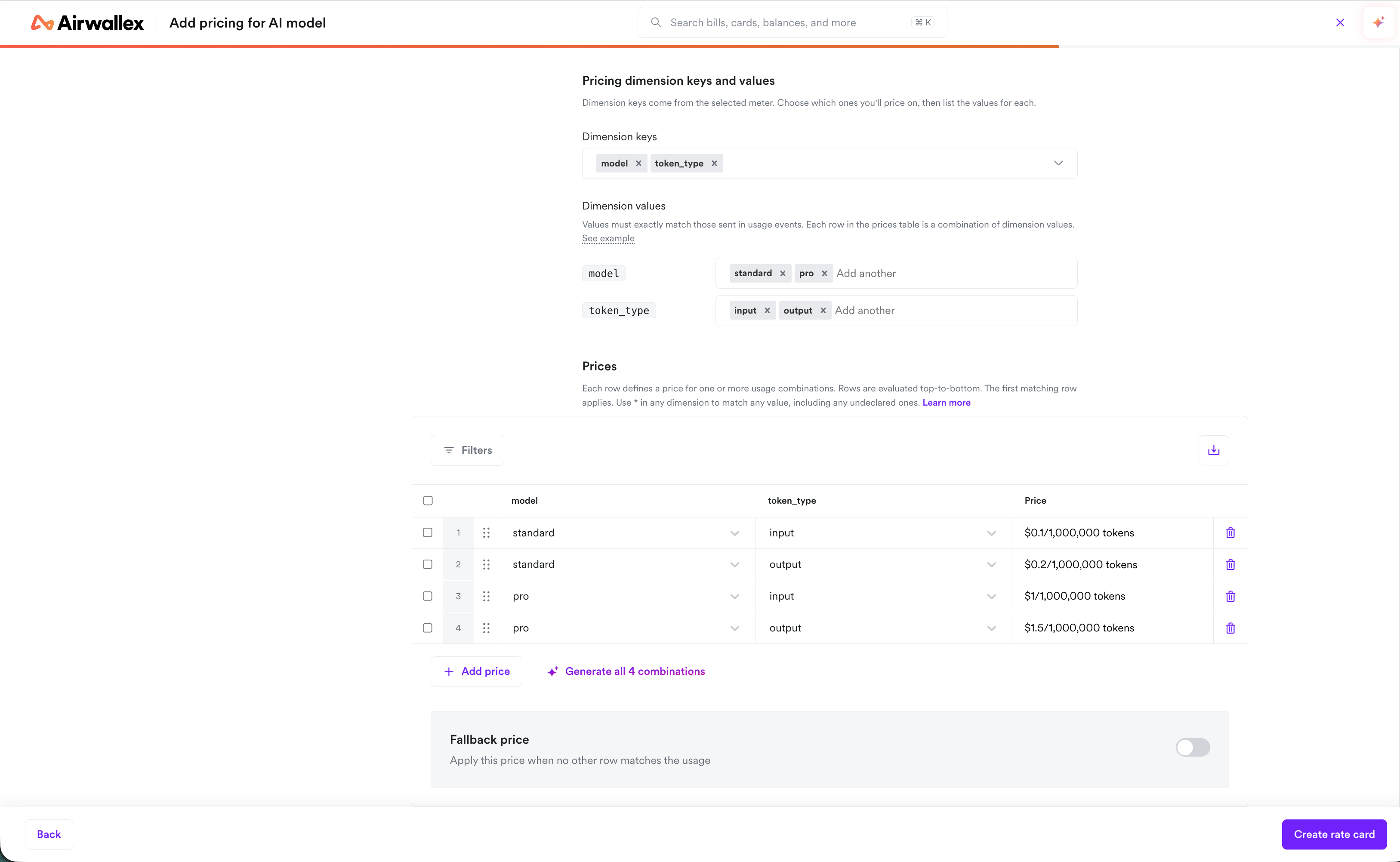 Configure pricing rows and a fallback price on a rate card