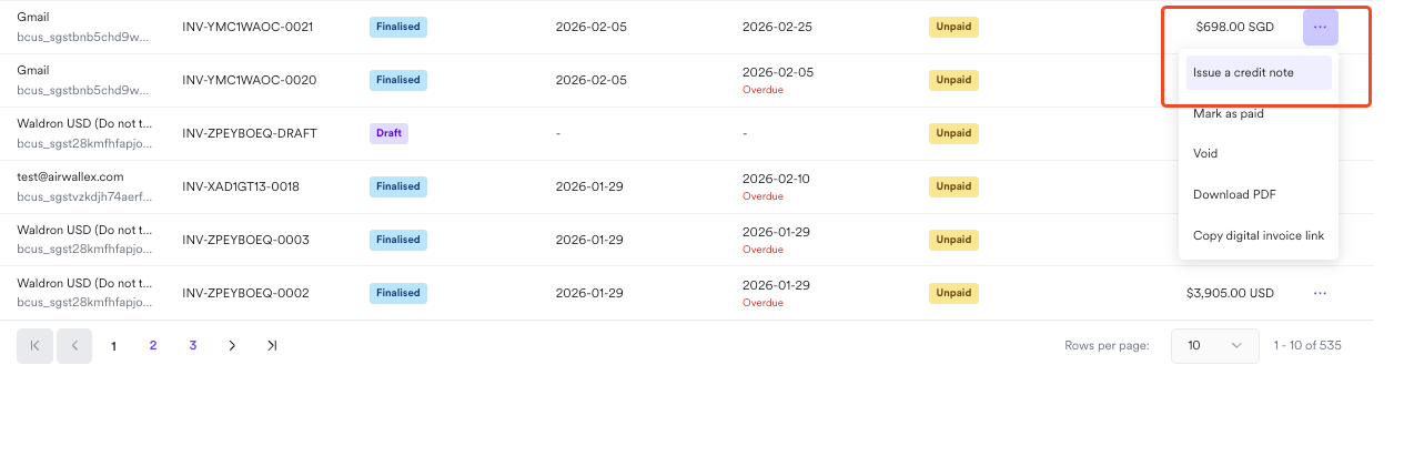 Issue credit note from invoice