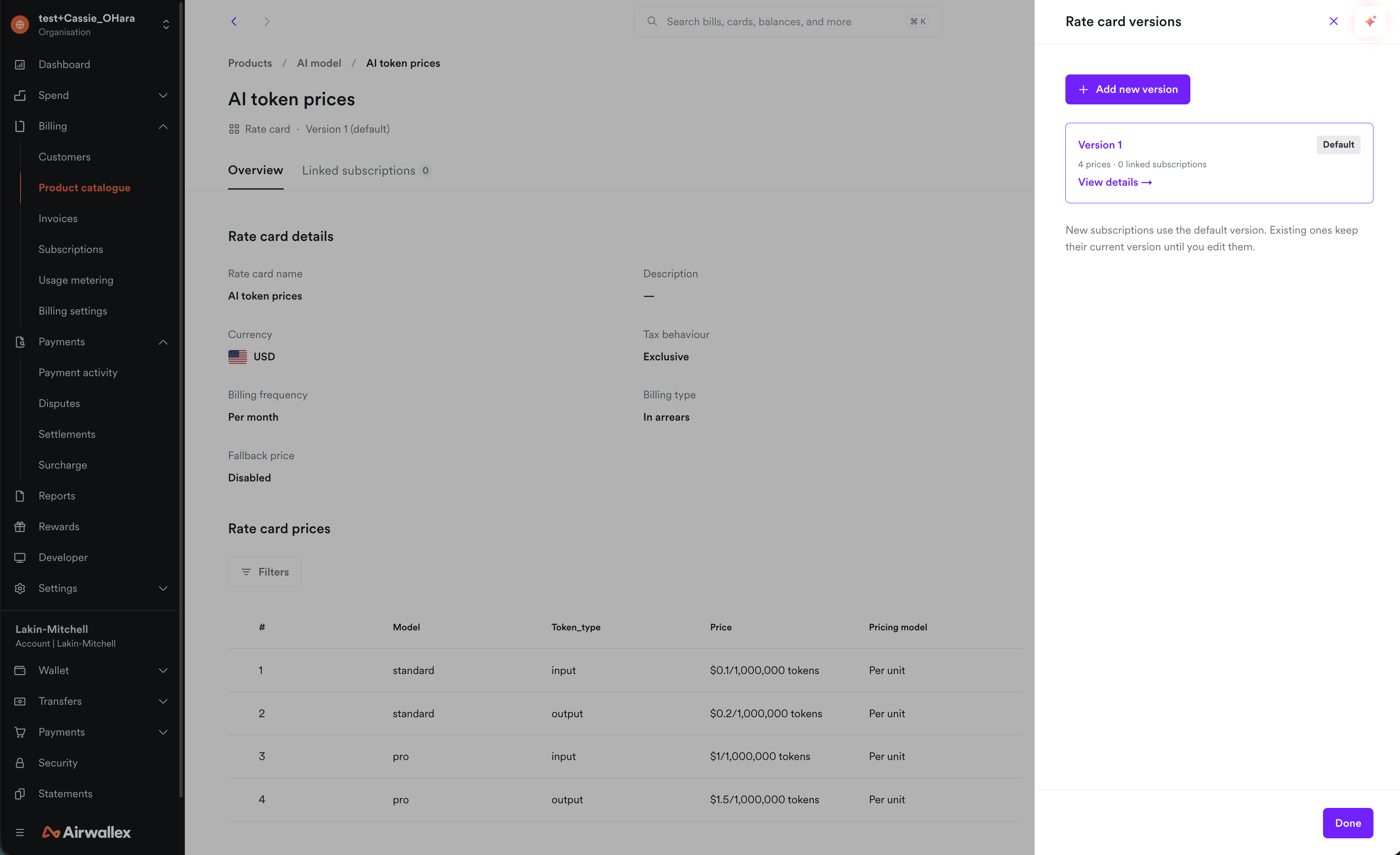 Manage rate card versions and view default version