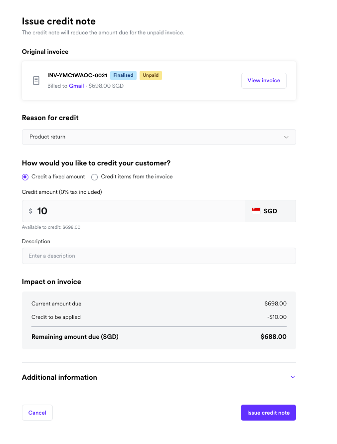 Issue credit note page