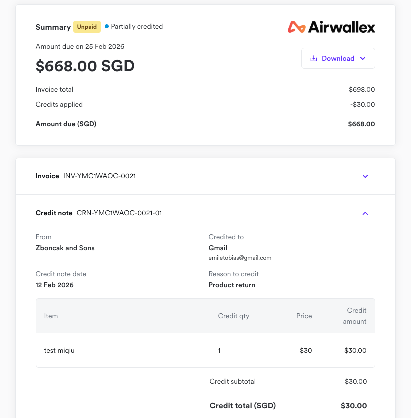 Credit note linked to original invoice