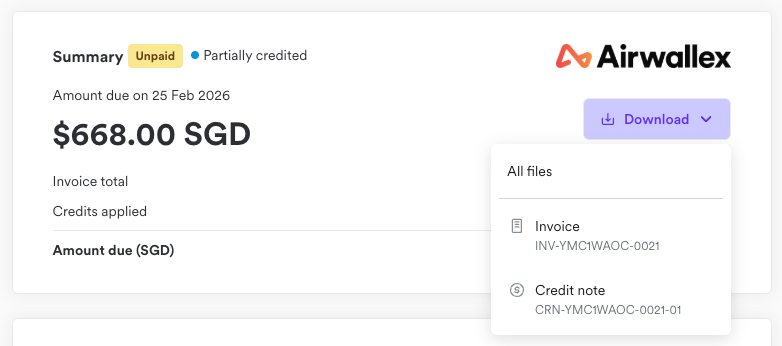 Digital Invoice Page - download credit note as PDF