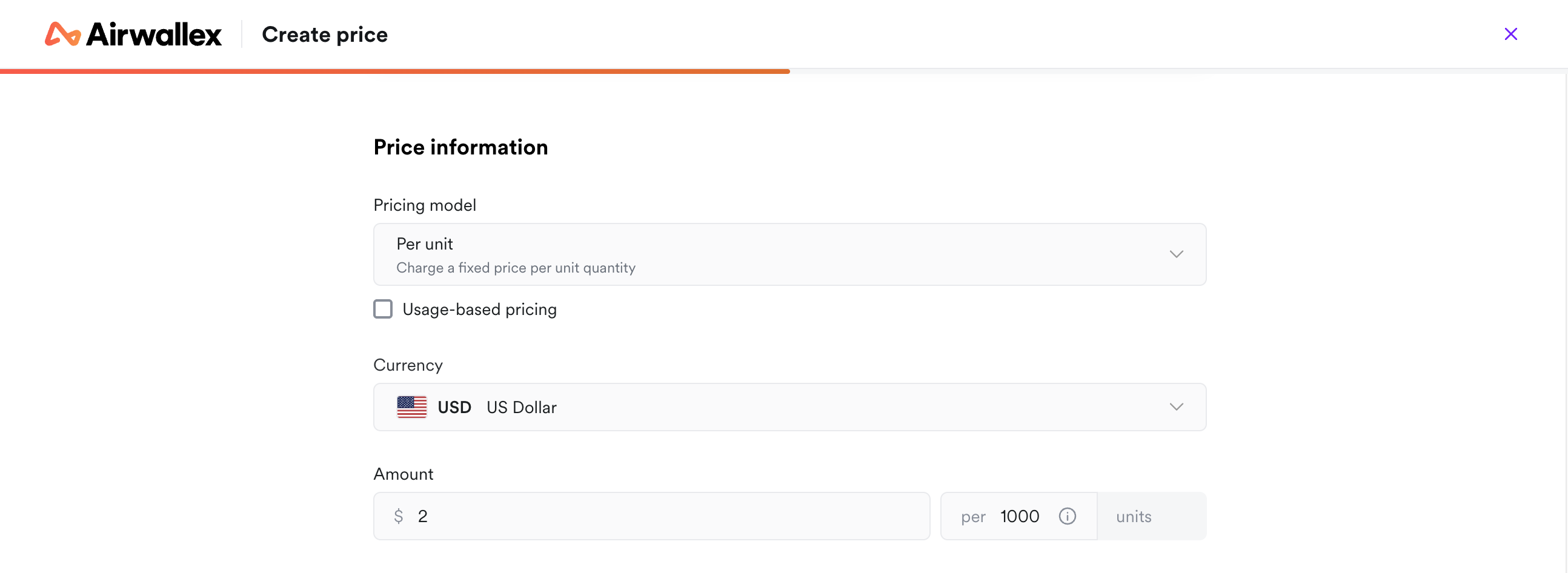 Create price form with amount 2 per 1,000 units