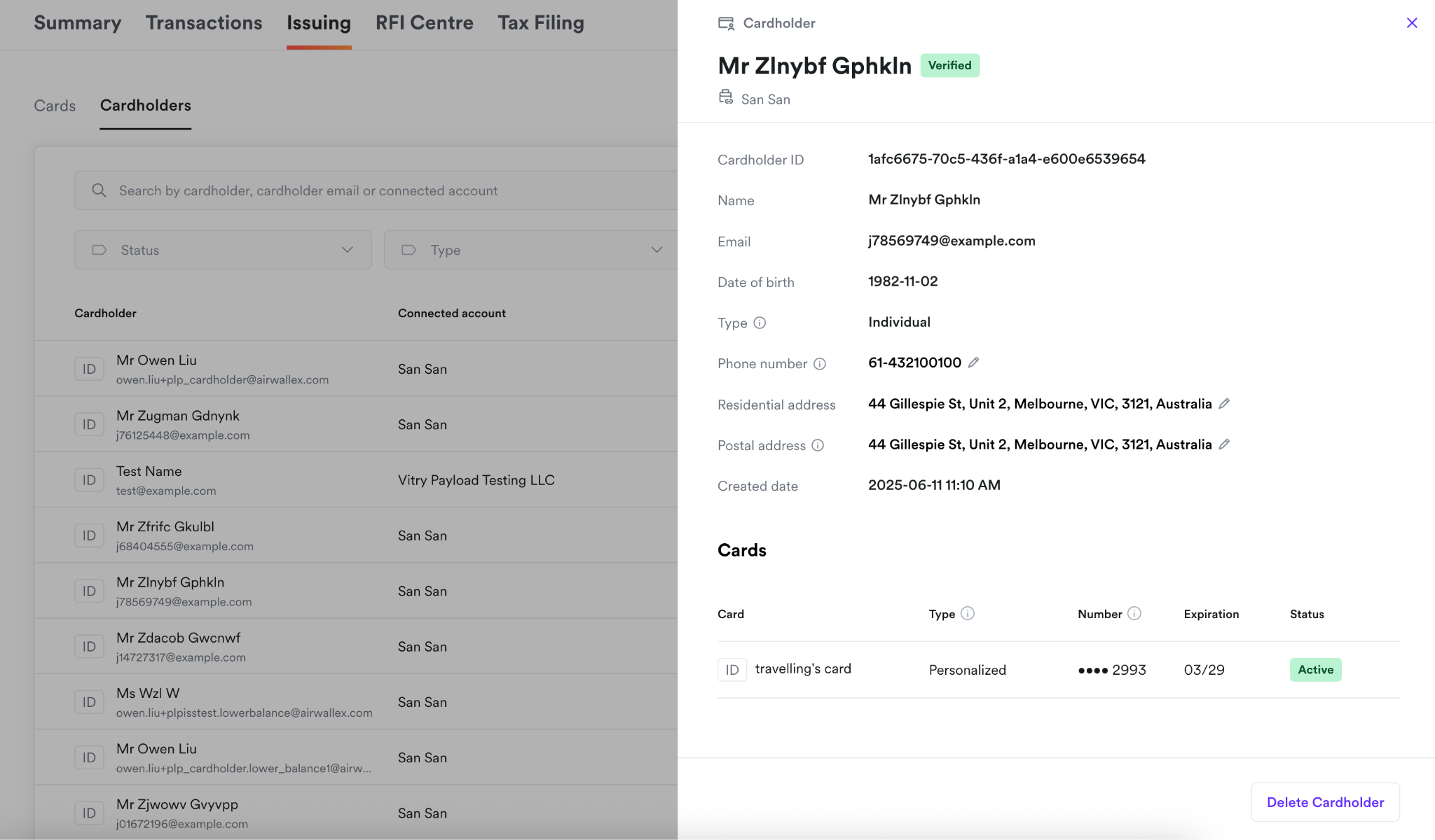 Cardholders list and cardholder details