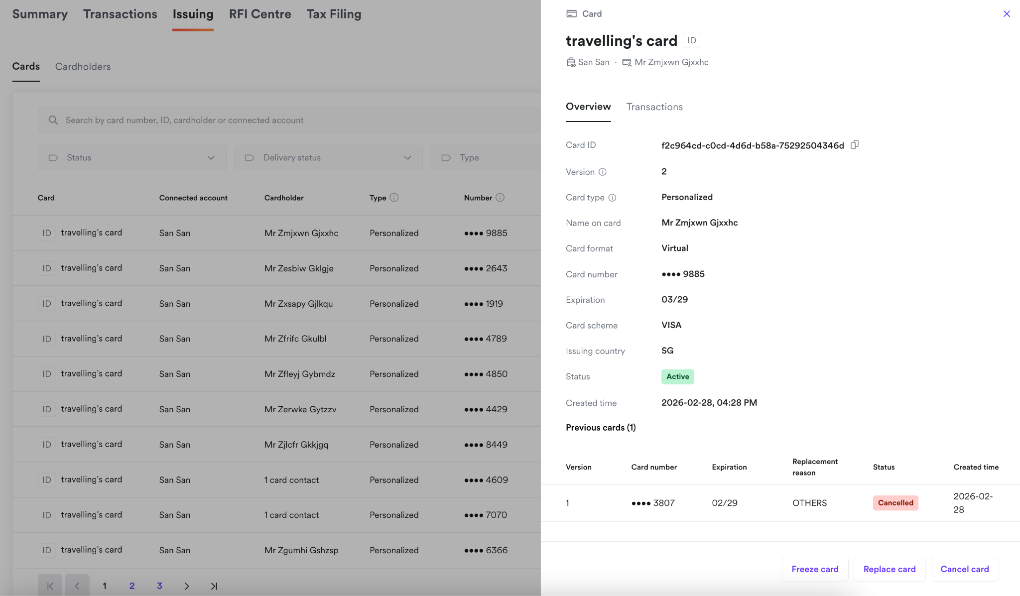 Cards list and card details