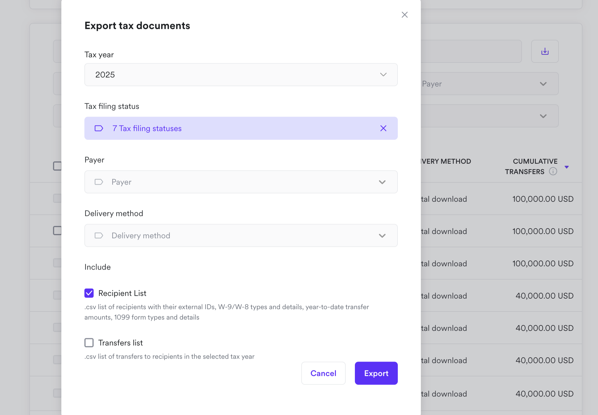 Export and download tax record information on the Airwallex web app