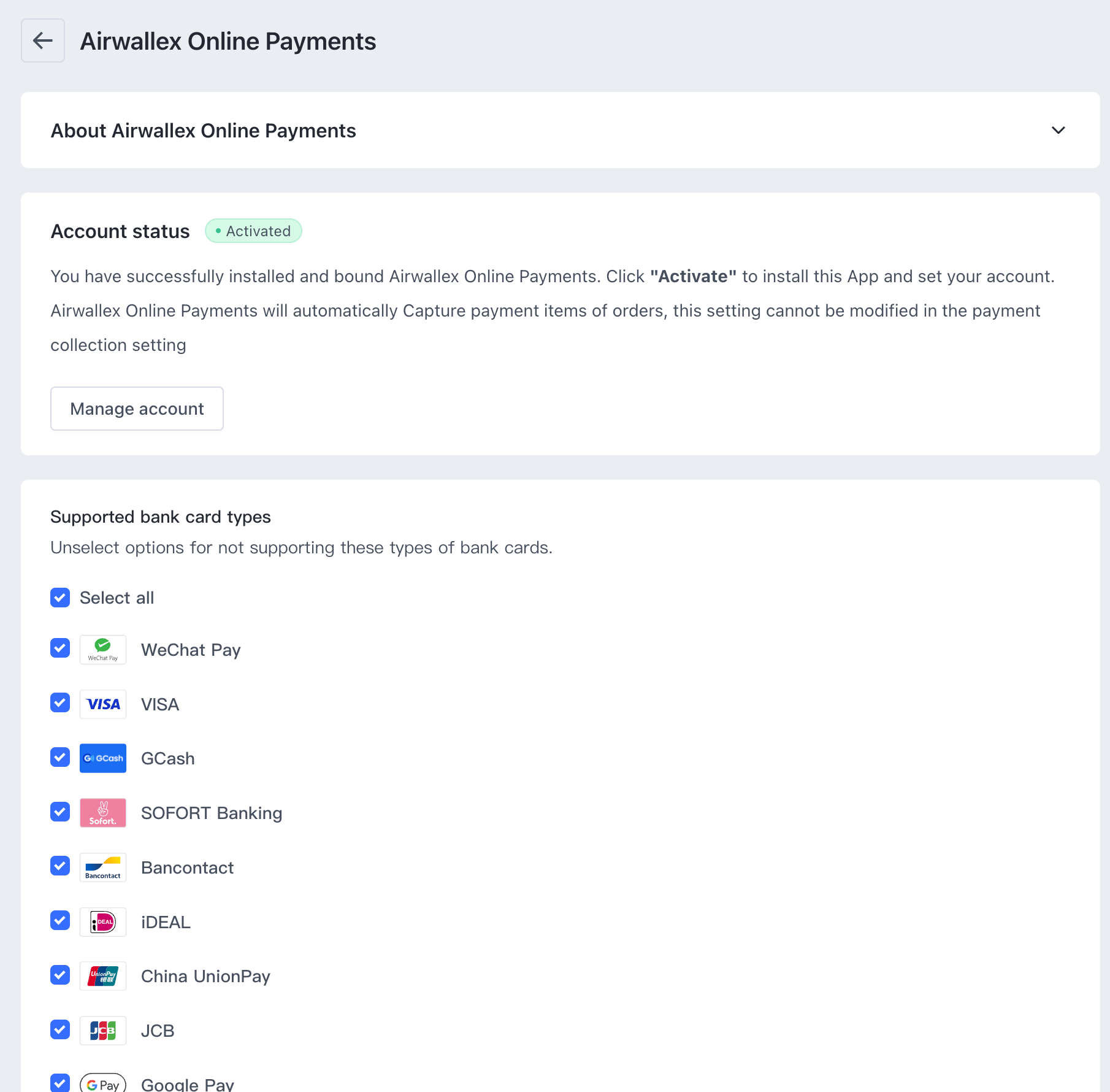 Shopline Online Payments Settings Page