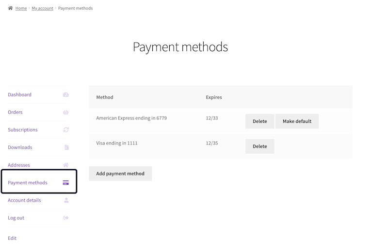 Manage payment methods Woo