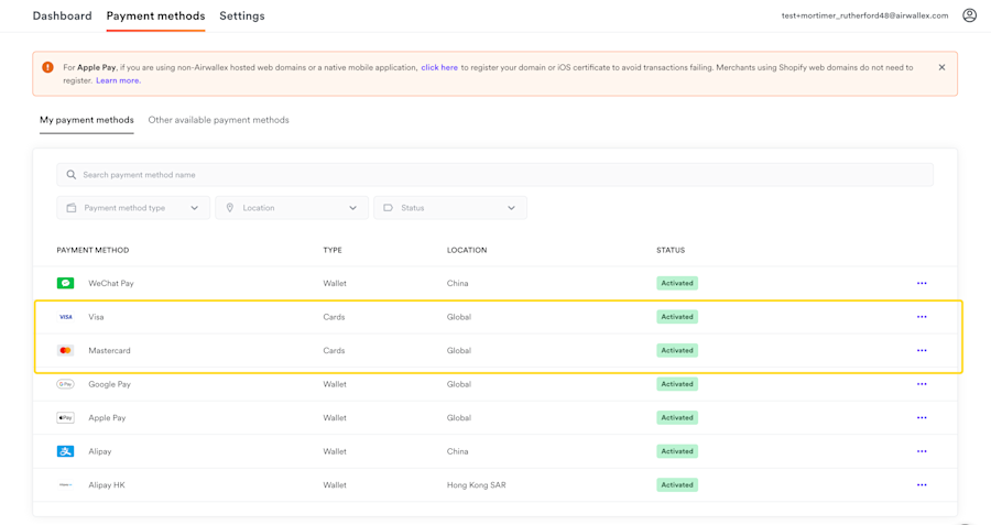 Payment Method Activation Screen