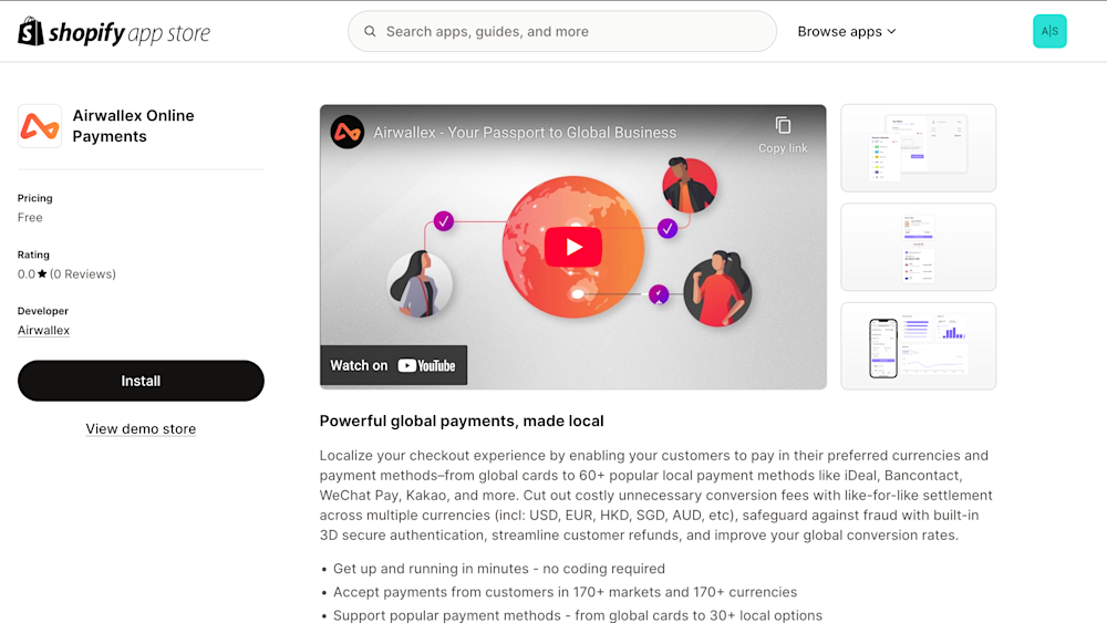 Shopify Online Payments App Listing