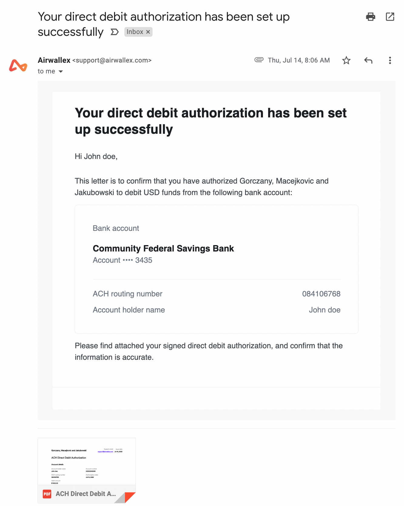 ACH DD authorization email