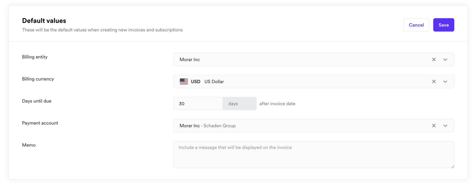 Configure default values in Billing settings
