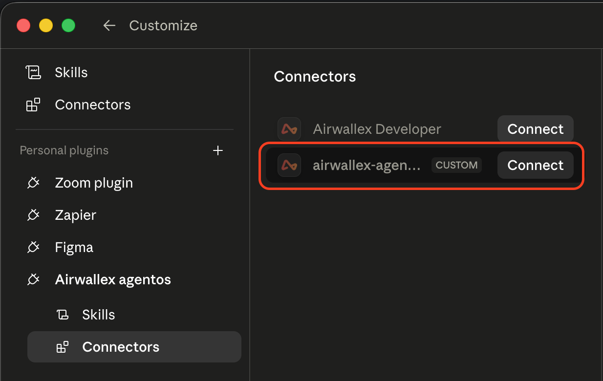 Claude Cowork Connectors view with the airwallex-agentos connector highlighted