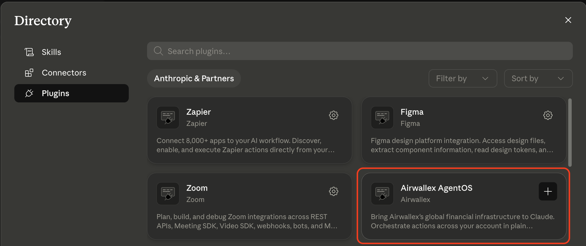 Claude Cowork plugin directory with the Airwallex AgentOS plugin highlighted