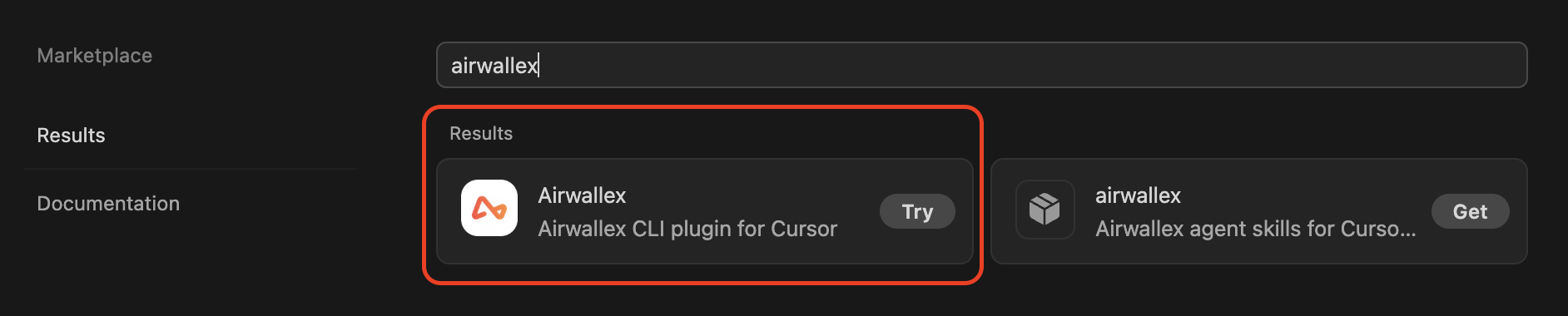 Cursor marketplace search results for airwallex showing the agent skills and CLI plugins