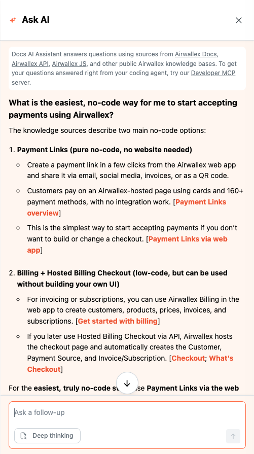 Chat interface of the Docs AI Assistant showing a conversation