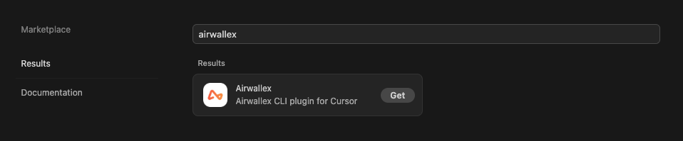 Cursor marketplace search showing the Airwallex CLI plugin result