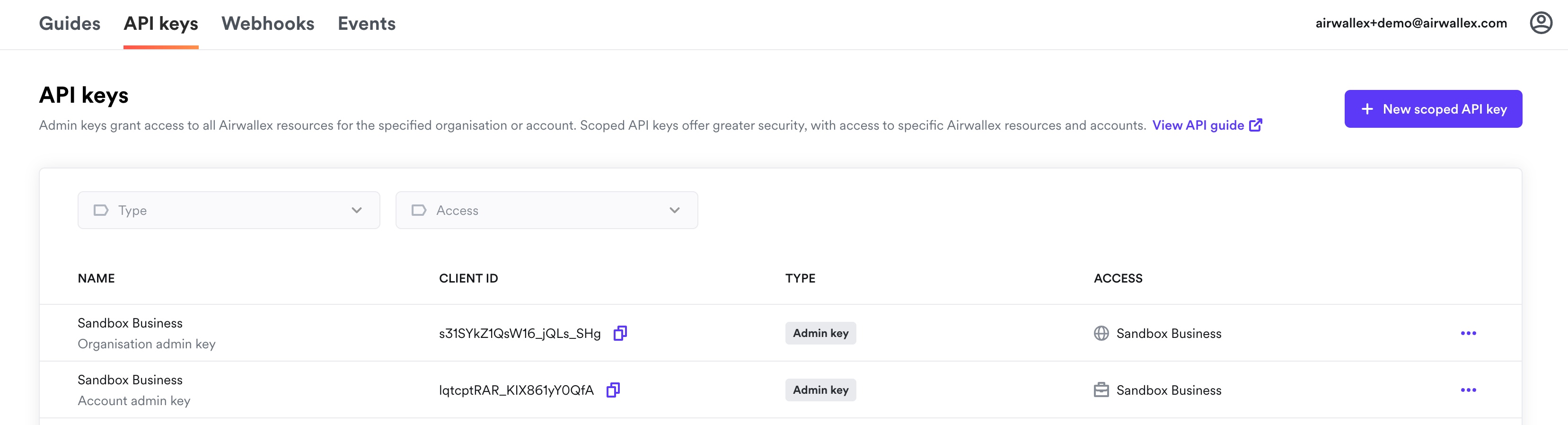 Create admin API keys