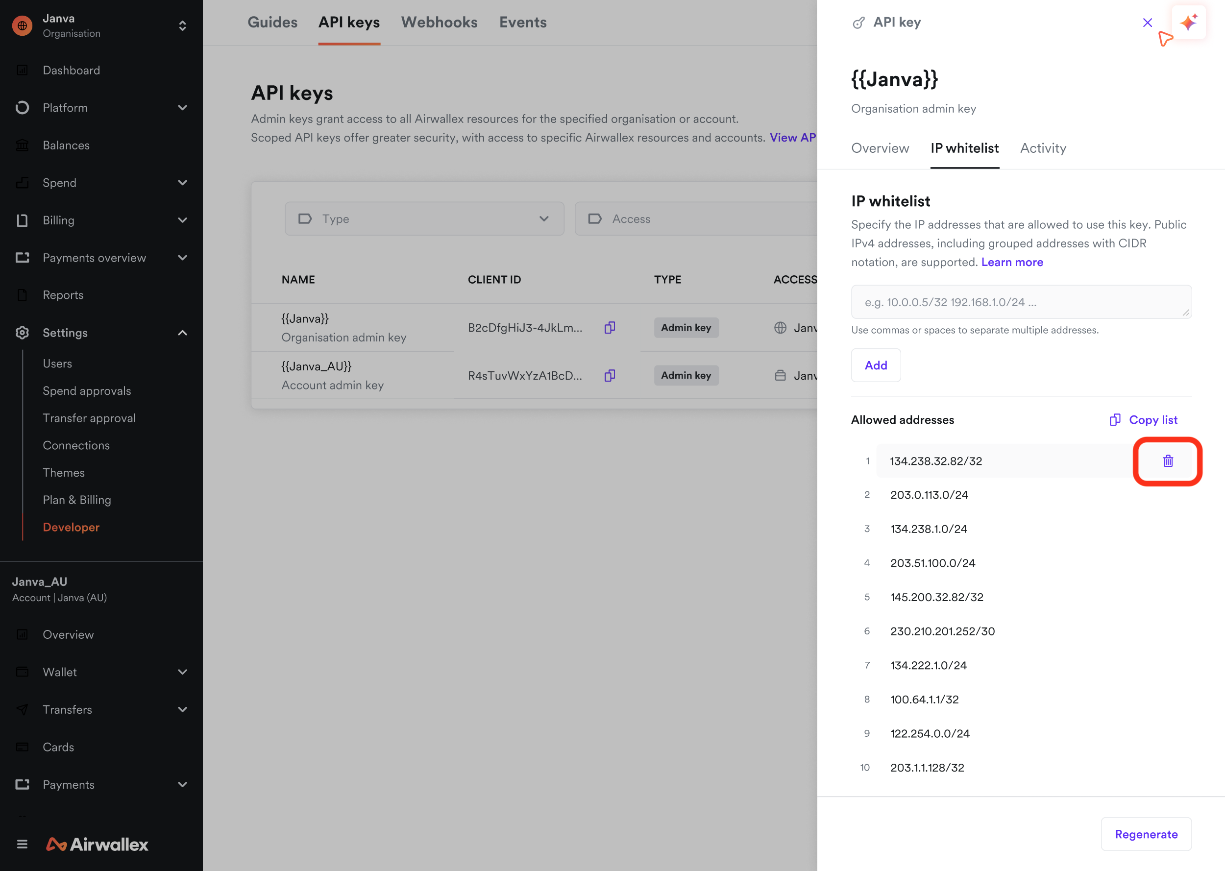 Delete IP address from whitelist