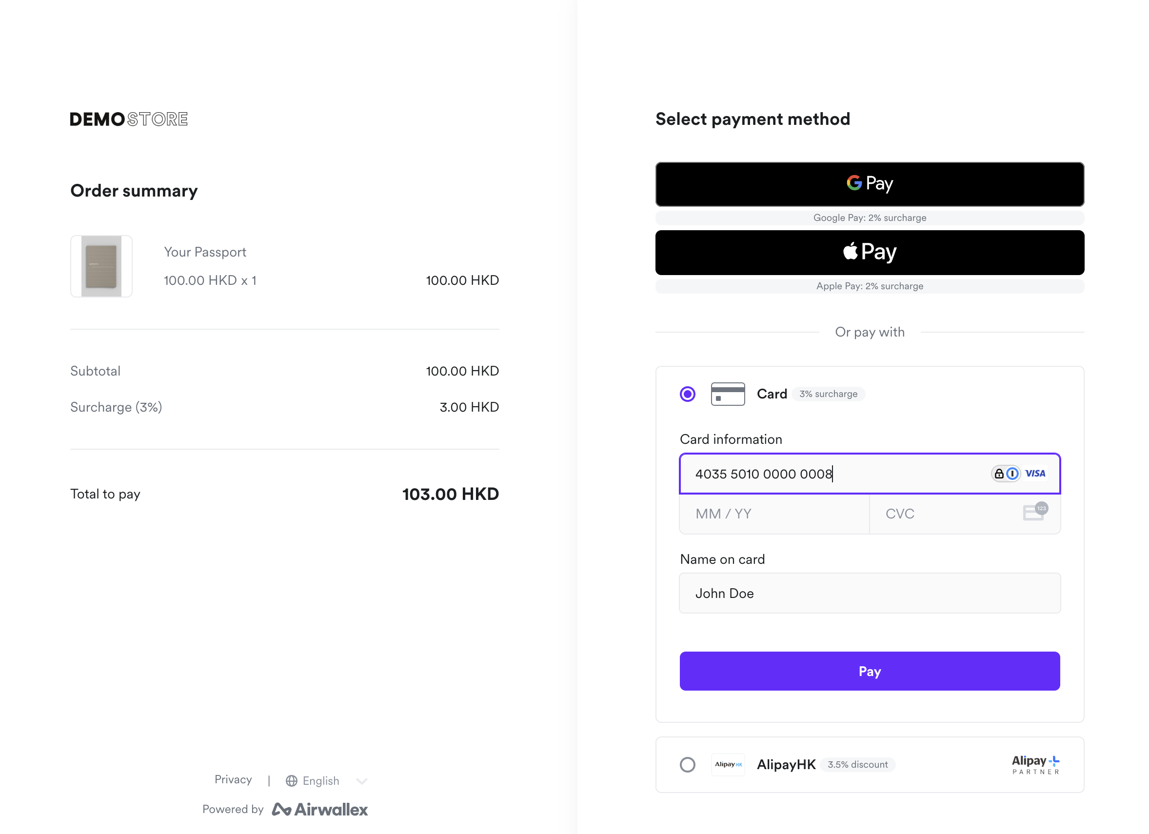 Checkout page showing surcharge rates for different payment methods