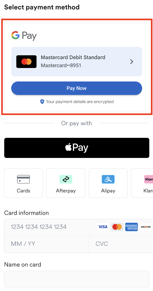 Google Pay in Direct Checkout type