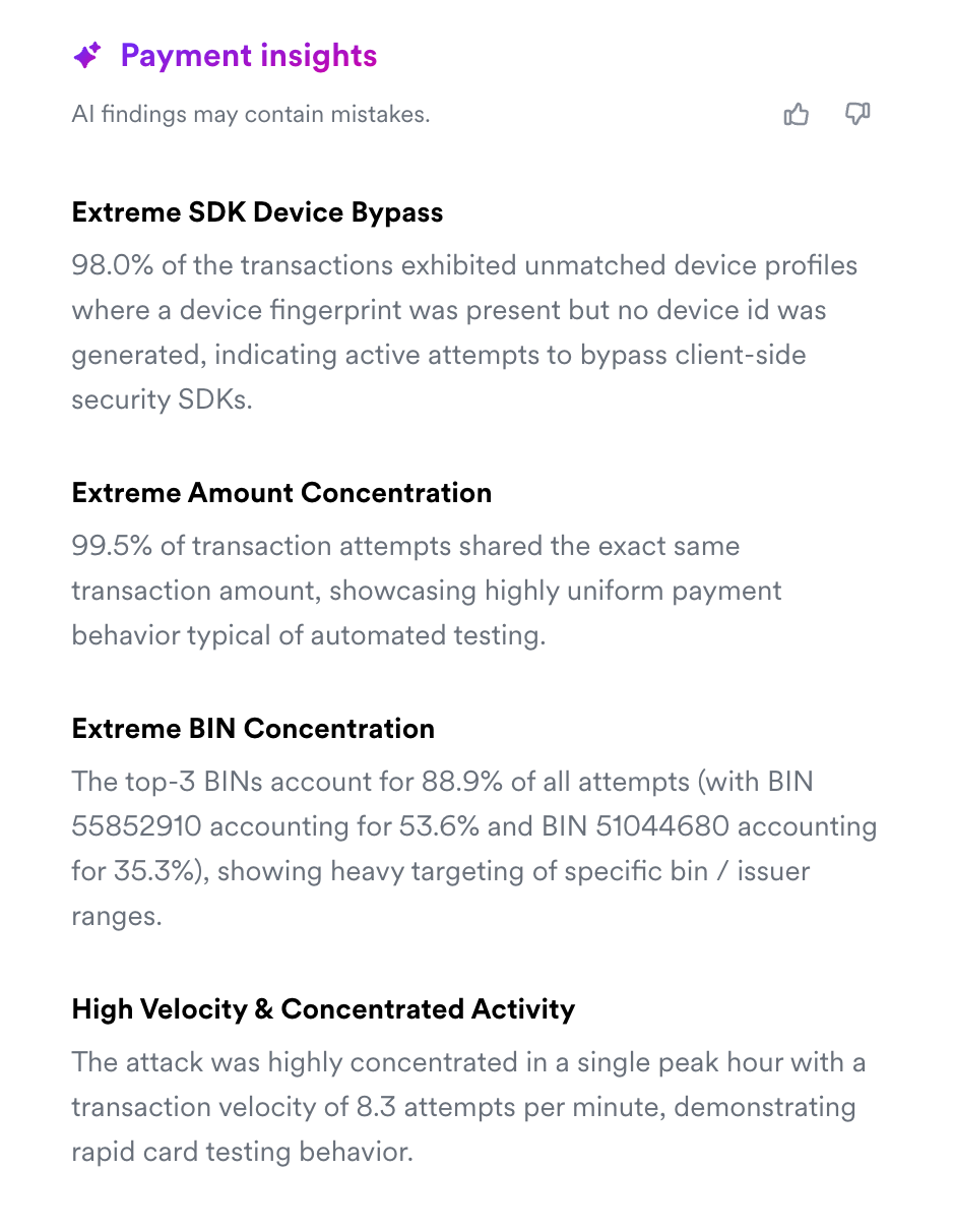 Payment insights panel listing AI-detected attack patterns, including extreme SDK device bypass, extreme amount concentration, extreme BIN concentration, and high velocity activity