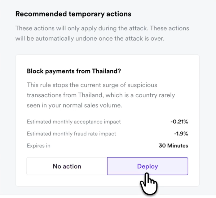 Recommended temporary actions card offering a targeted safeguard with estimated acceptance and fraud rate impact, and Deploy or No action options