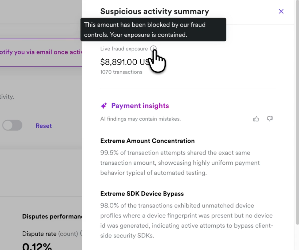 Suspicious activity summary panel showing live fraud exposure and transaction count, with a tooltip confirming the amount has been blocked