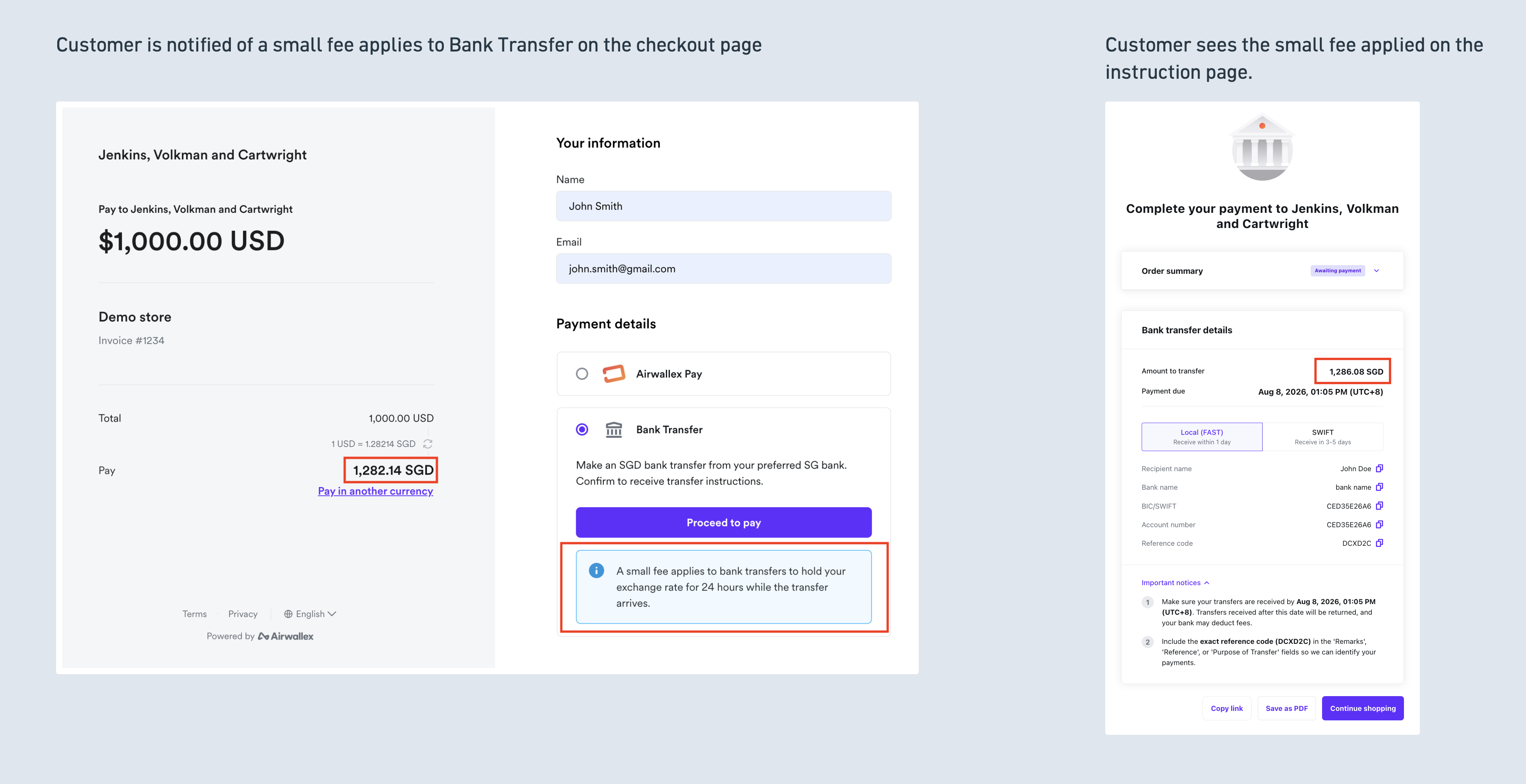 Payer experience showing the fee disclosure at checkout and the fee applied to the amount on the bank transfer instruction page