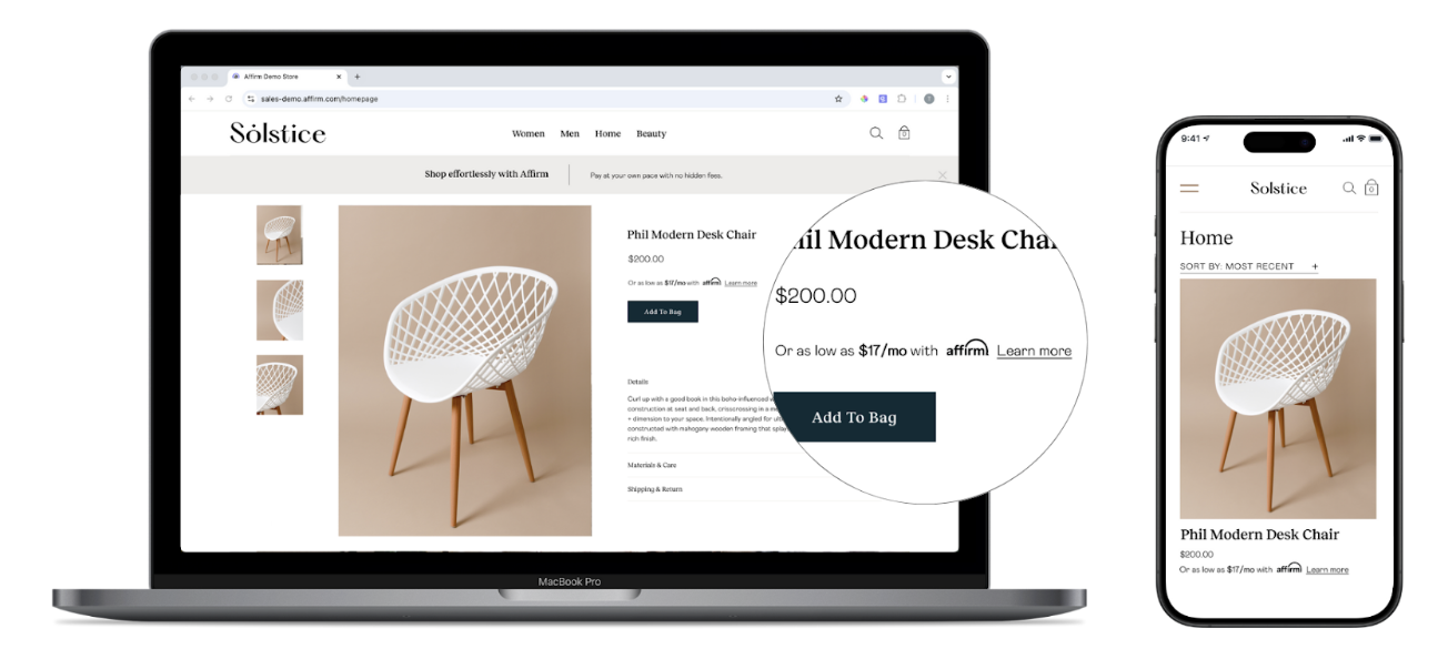 Affirm promotional messaging on a product page