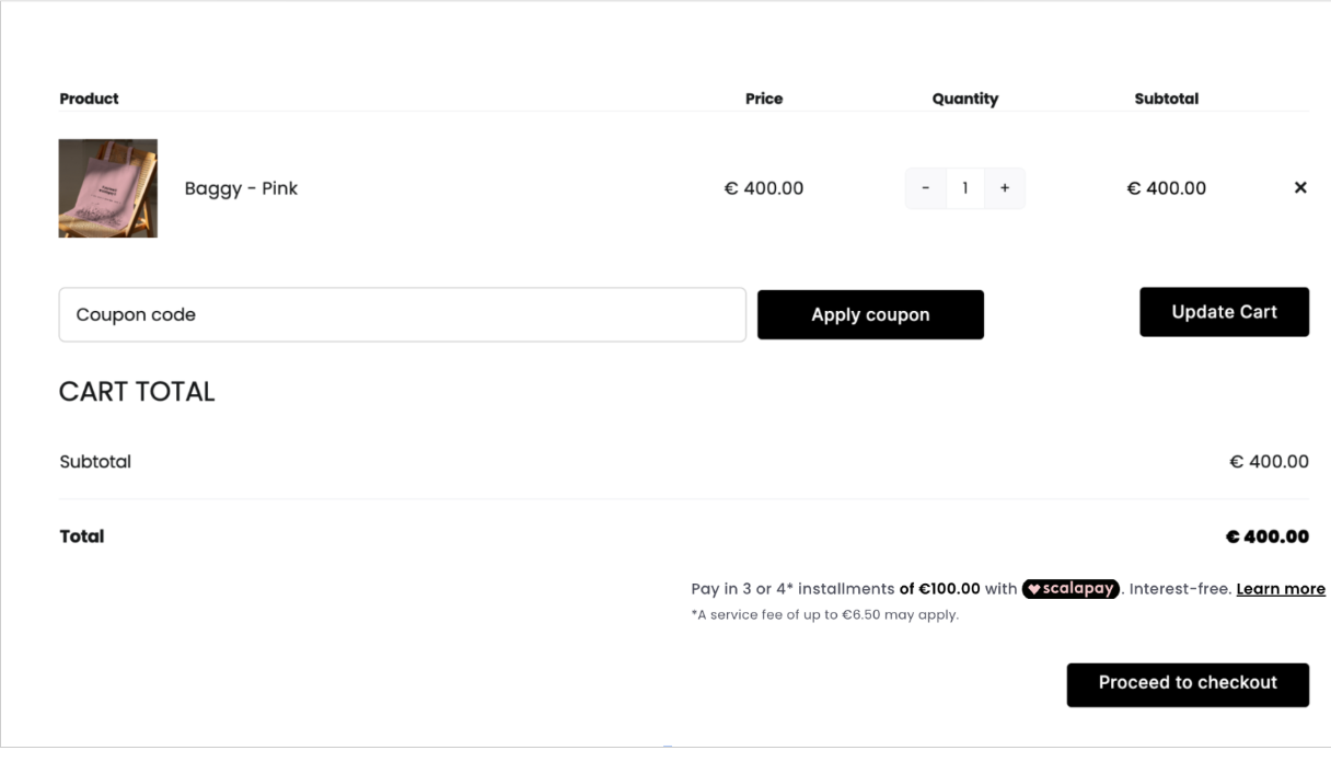 Scalapay widget on a cart page