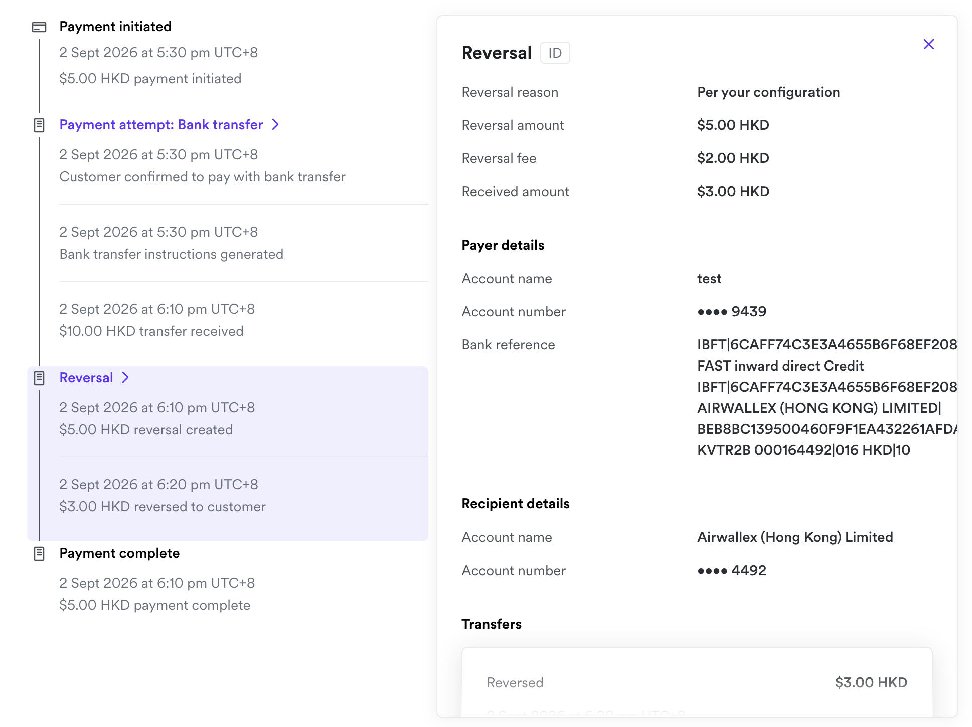 Overpayment example: 10.00 HKD received against a 5.00 HKD expected payment; the 5.00 HKD excess is reversed to the customer (3.00 HKD after the 2.00 HKD refund fee)