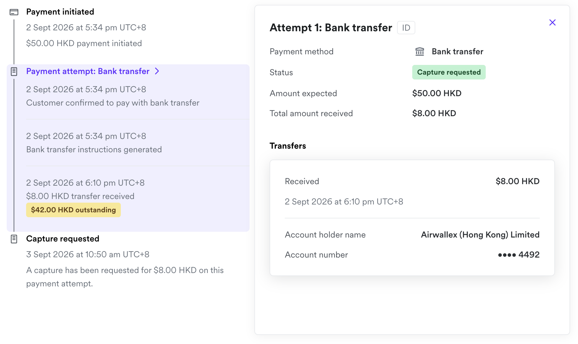 At expiry with Accept underpayment selected: the payment is marked successful and captured for the received amount