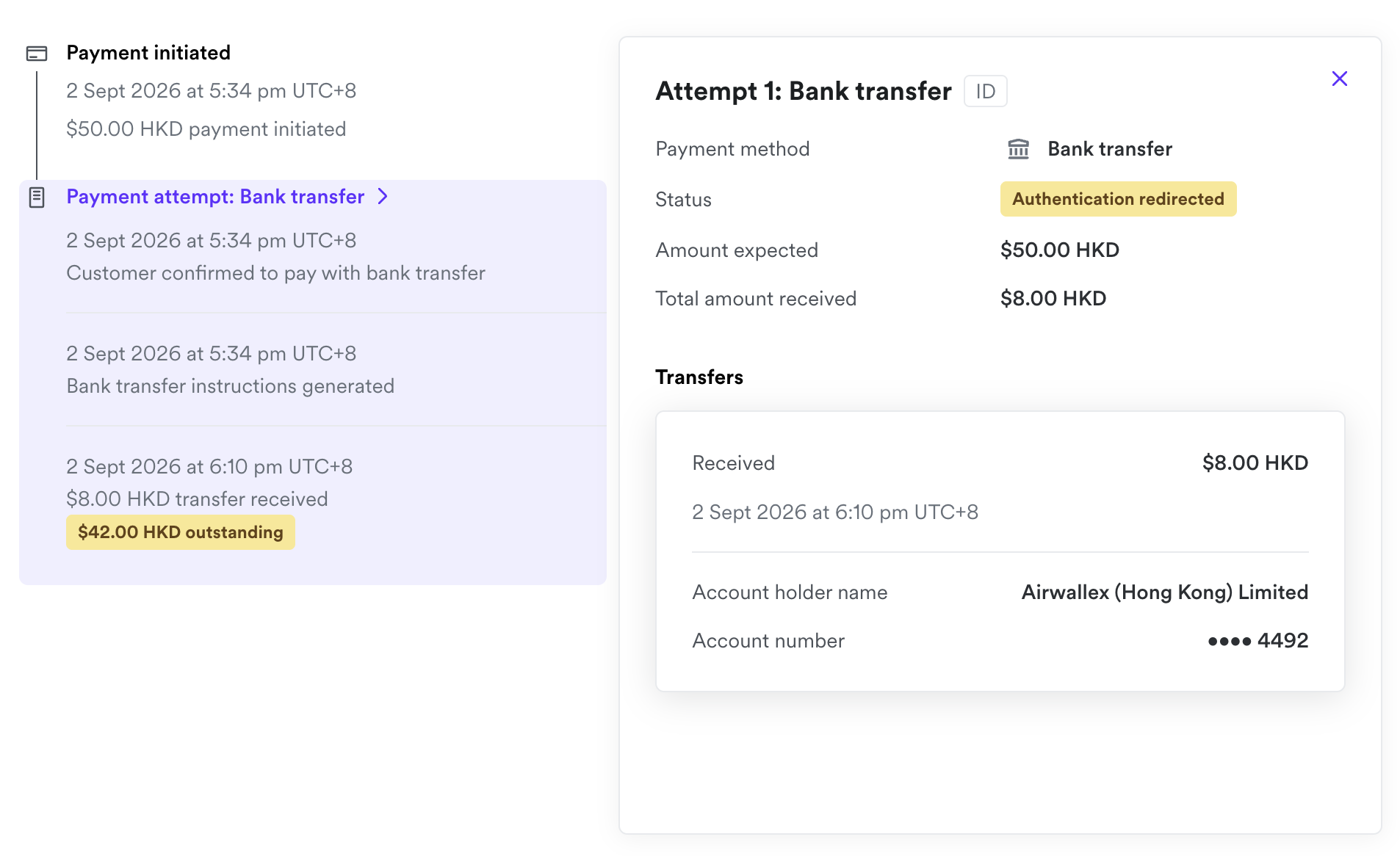 Underpayment in progress: 8.00 HKD received with 42.00 HKD outstanding before the expiry time