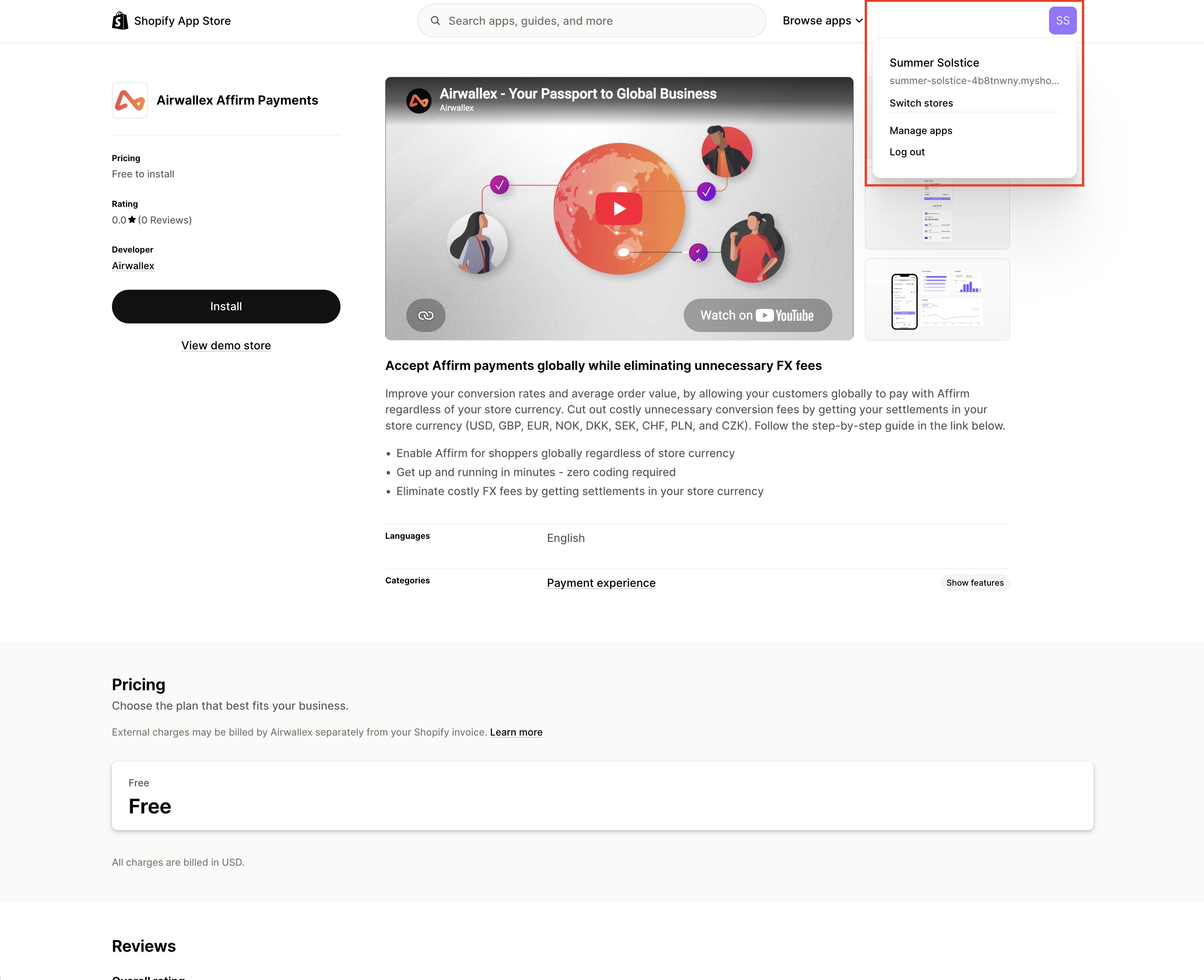 Shopify Affirm Payments App Listing