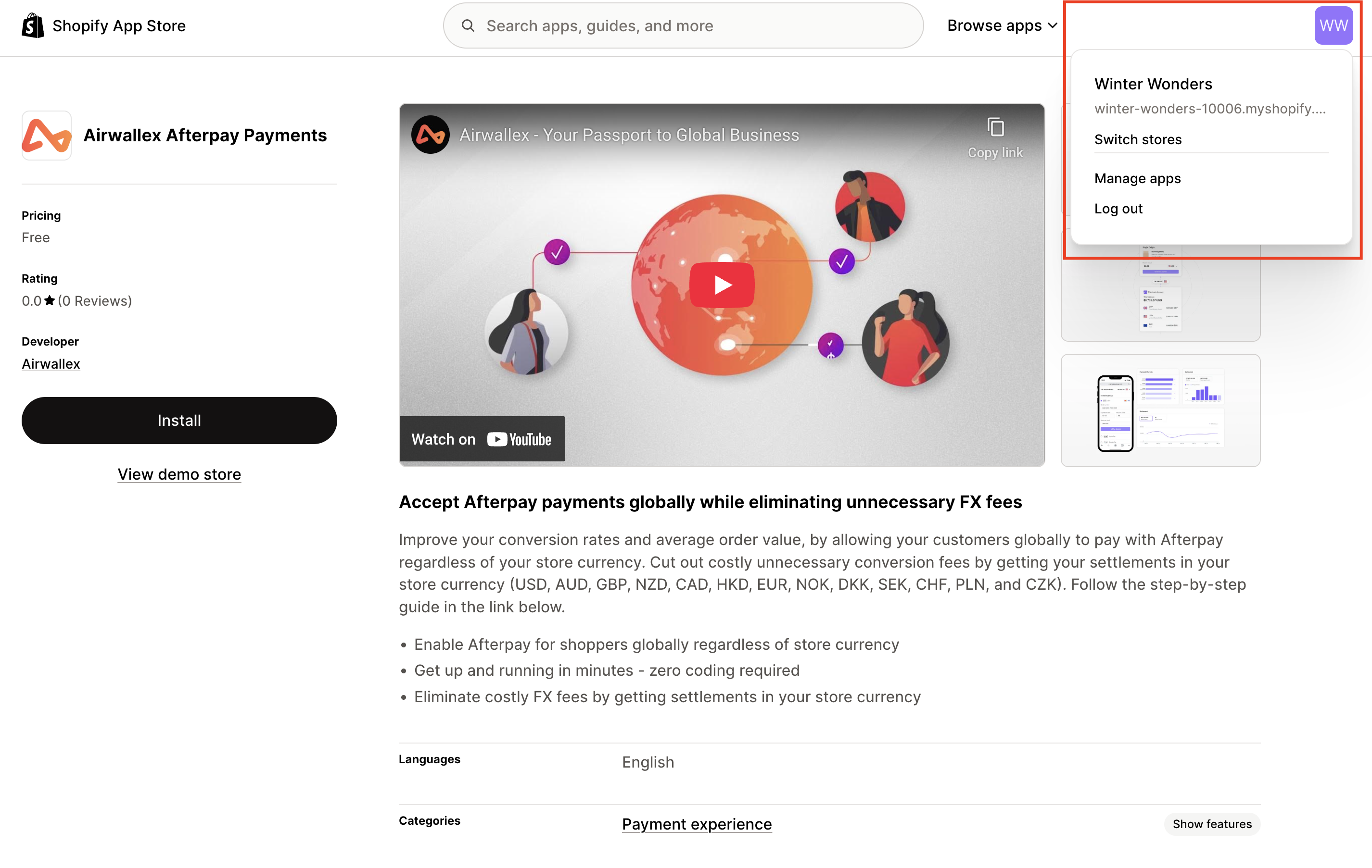 Shopify Afterpay Payments App Listing