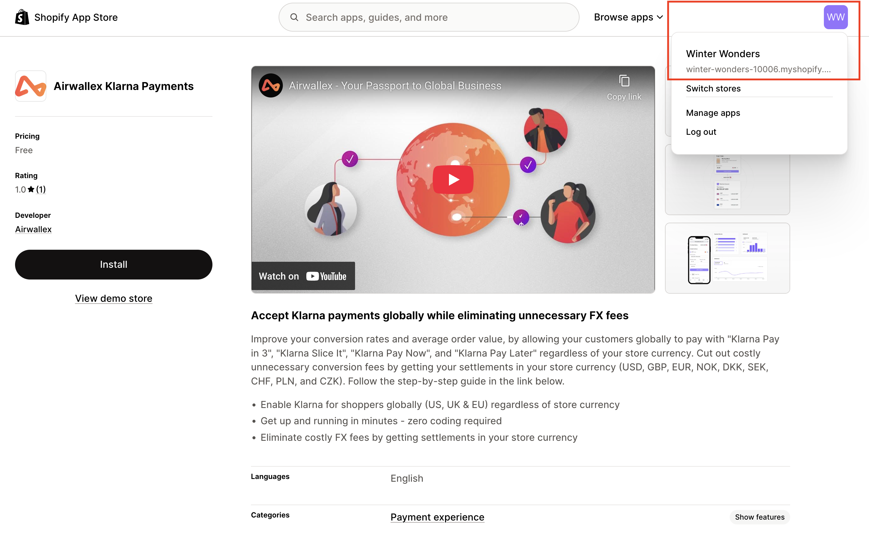 Shopify Klarna Payments App Listing