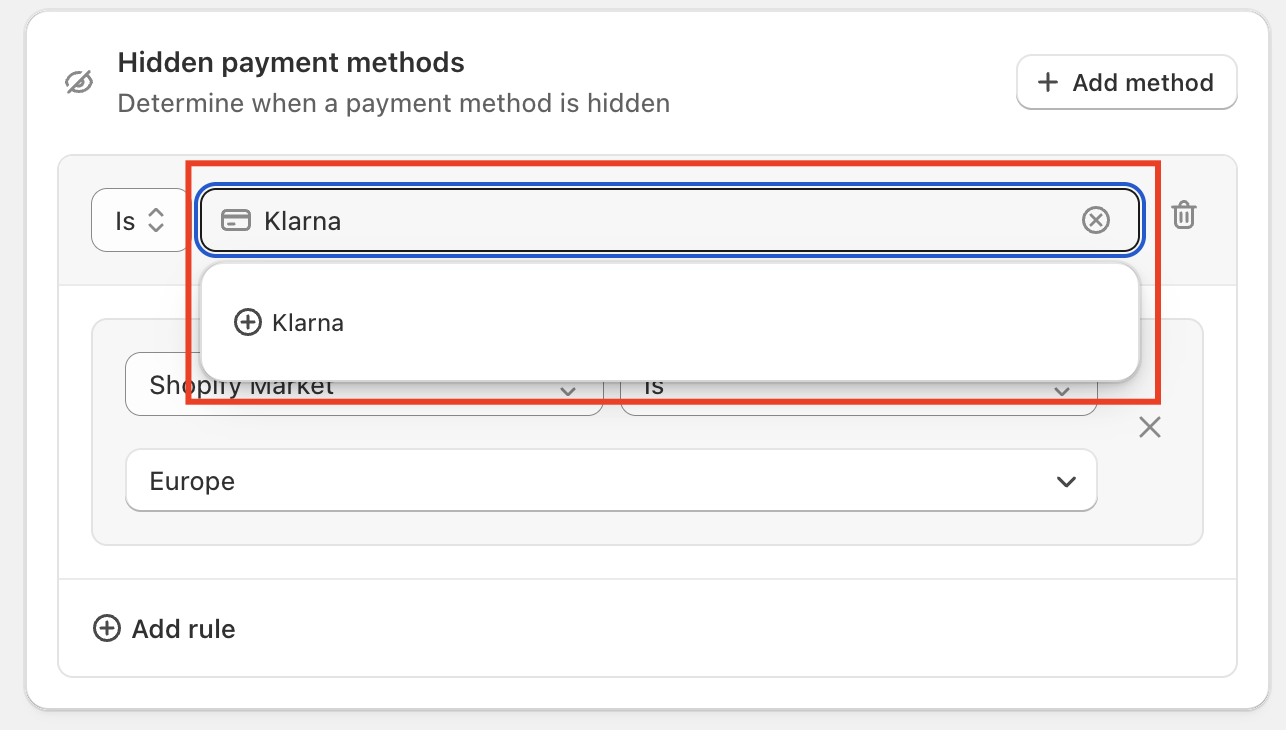 Shopify Checkout Blocks prompting to add the pasted Klarna label as a new payment method