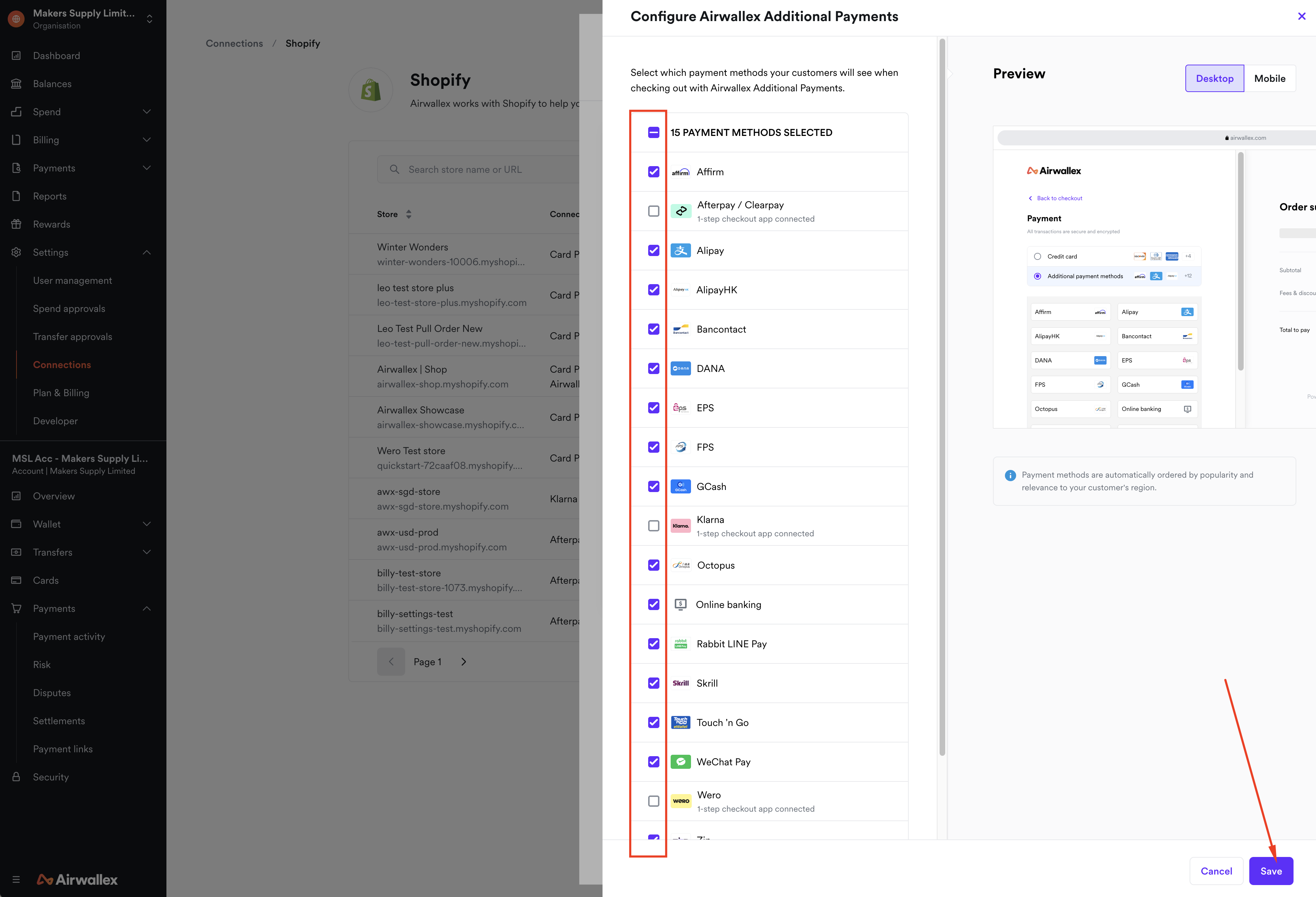 Configure payment methods