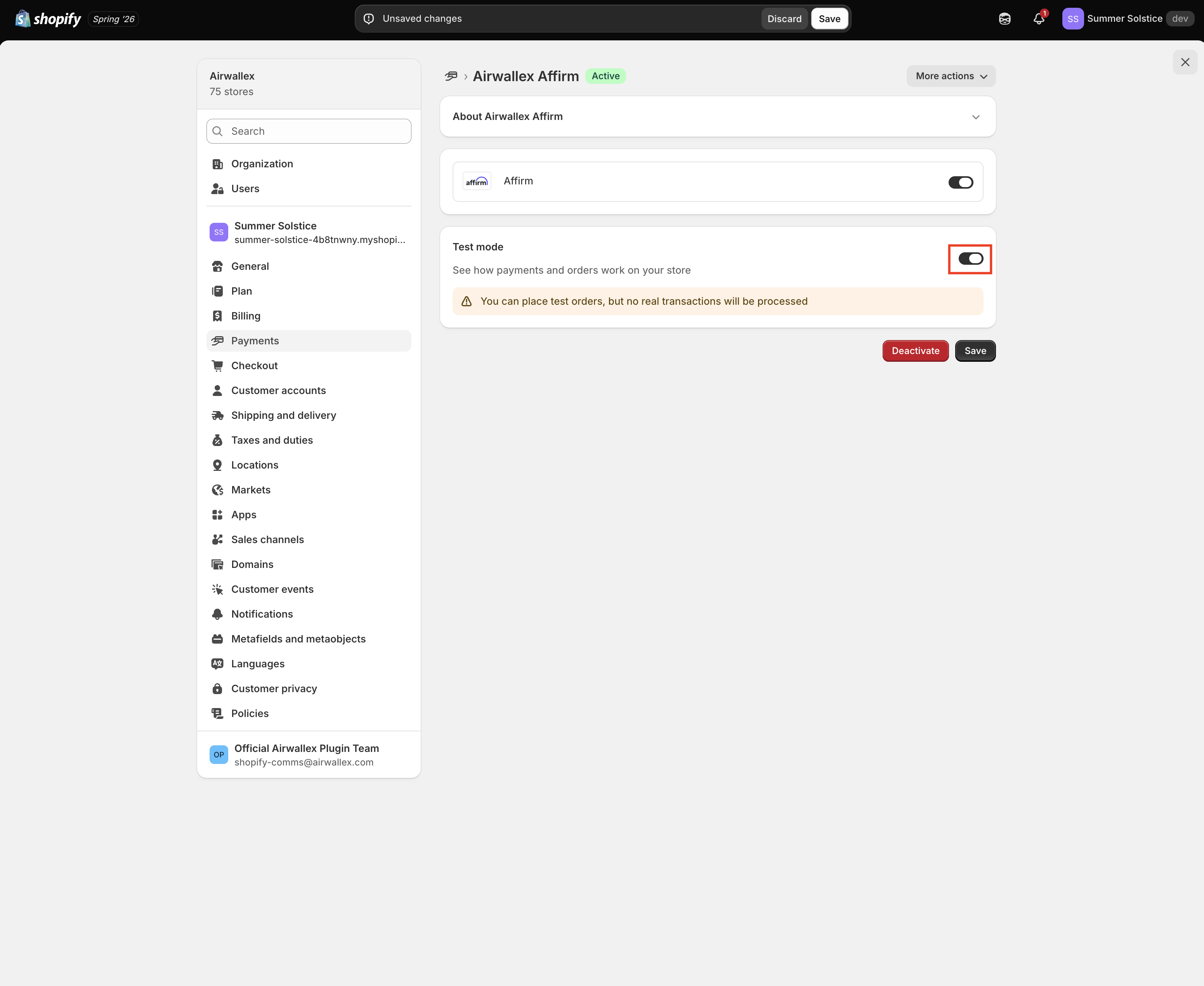 Affirm Shopify Test Mode