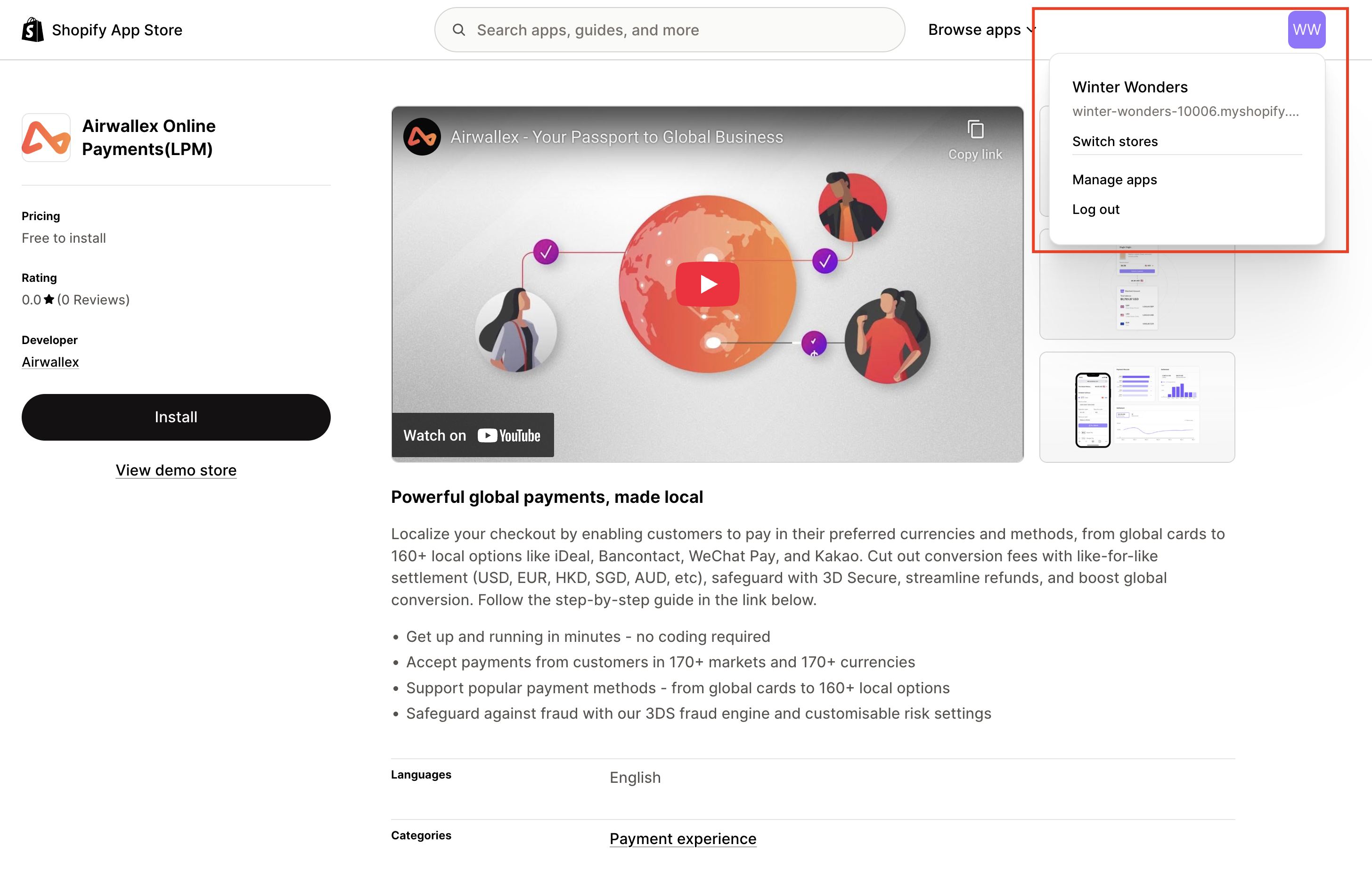 Shopify Online Payments App Listing