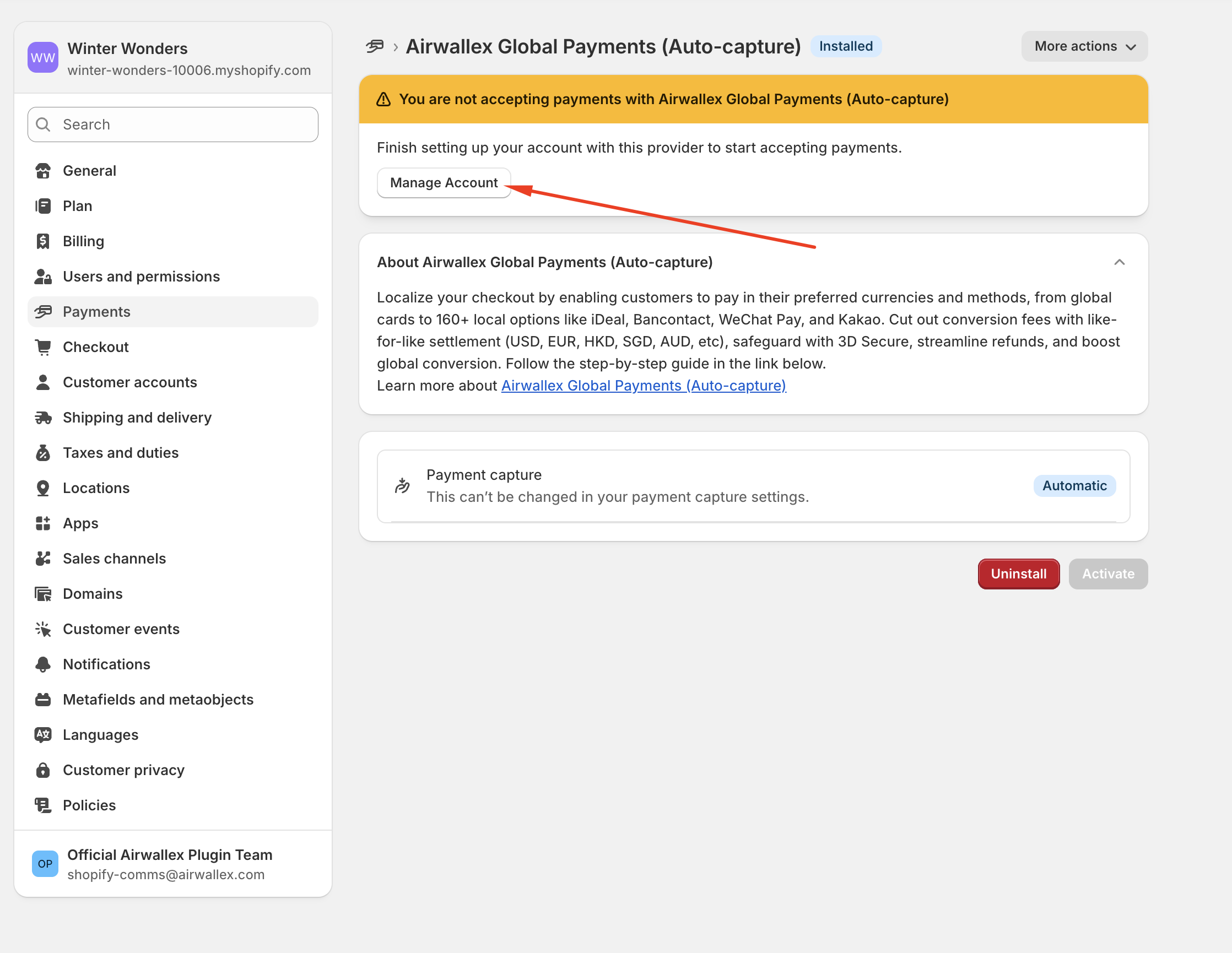 Shopify Online Payments Manage