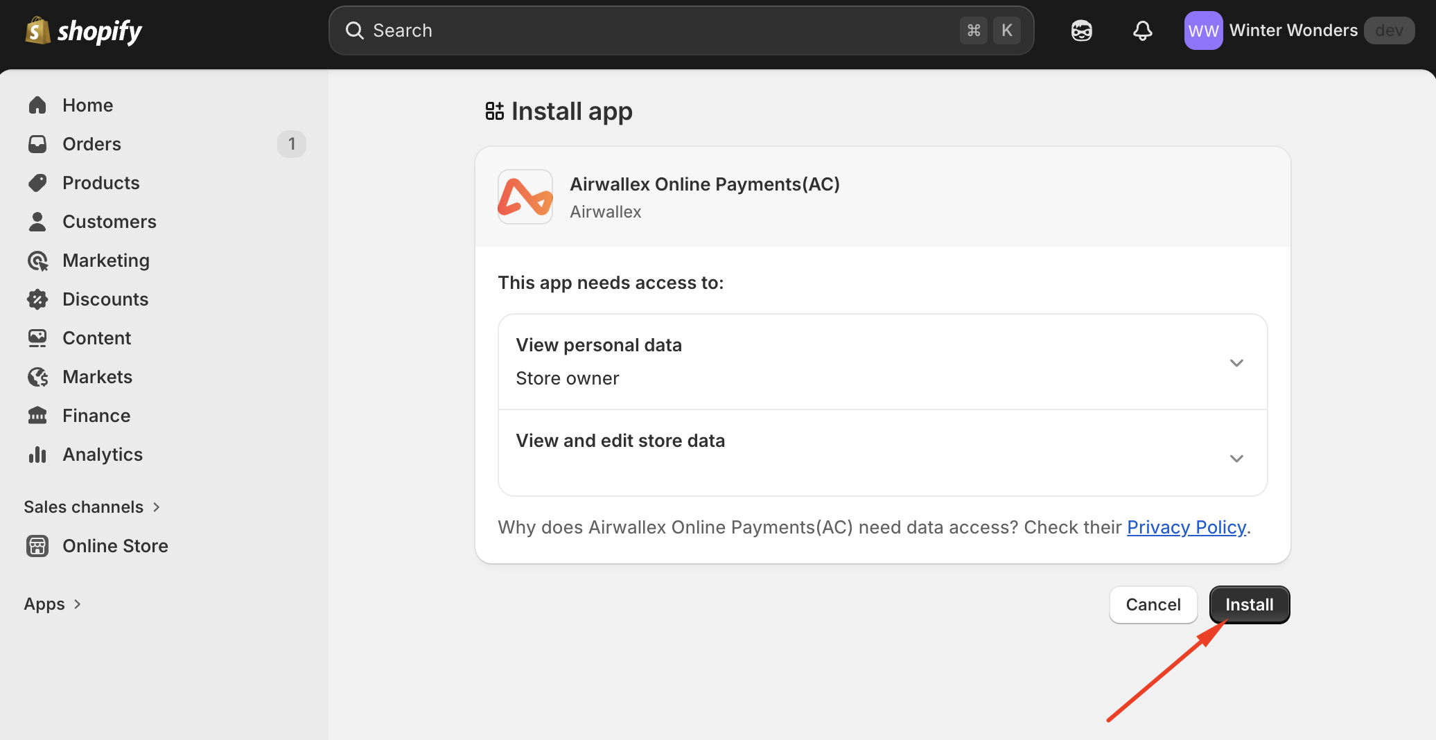Shopify Online Payments Redirect Install