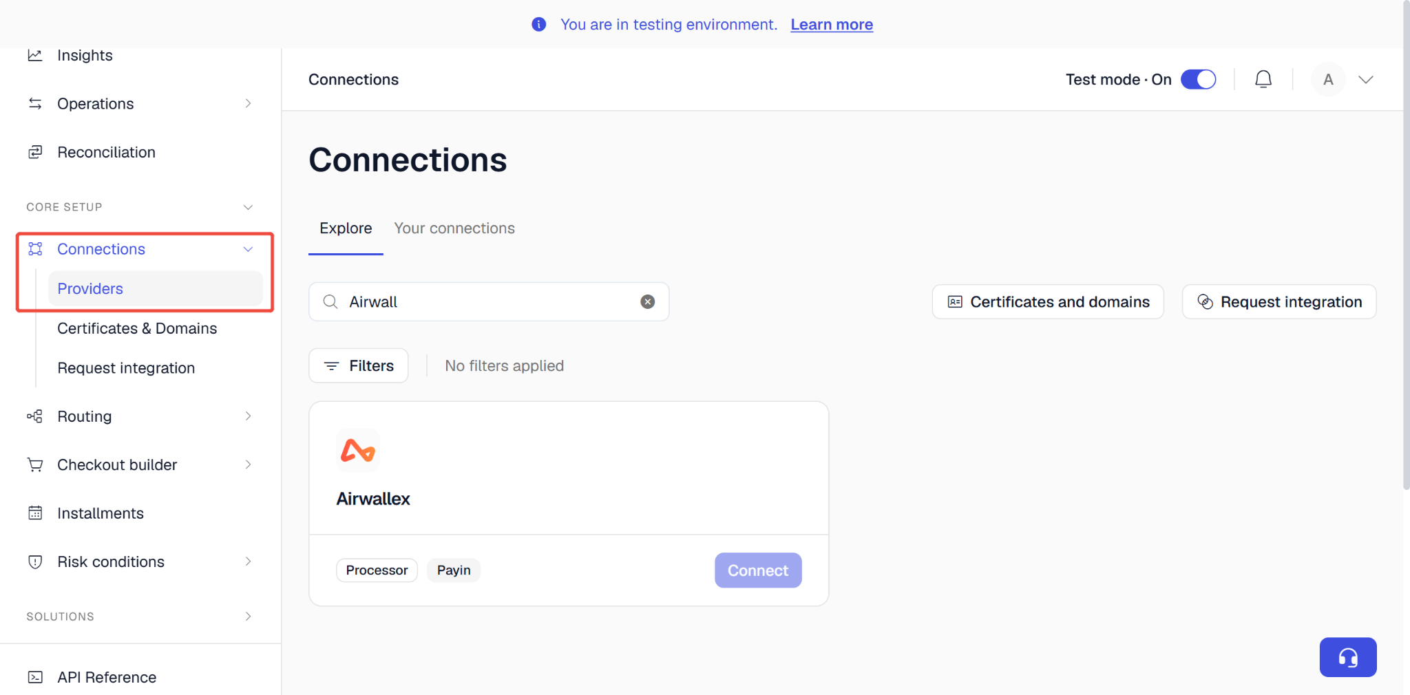 Find Airwallex under Connections in the Yuno dashboard