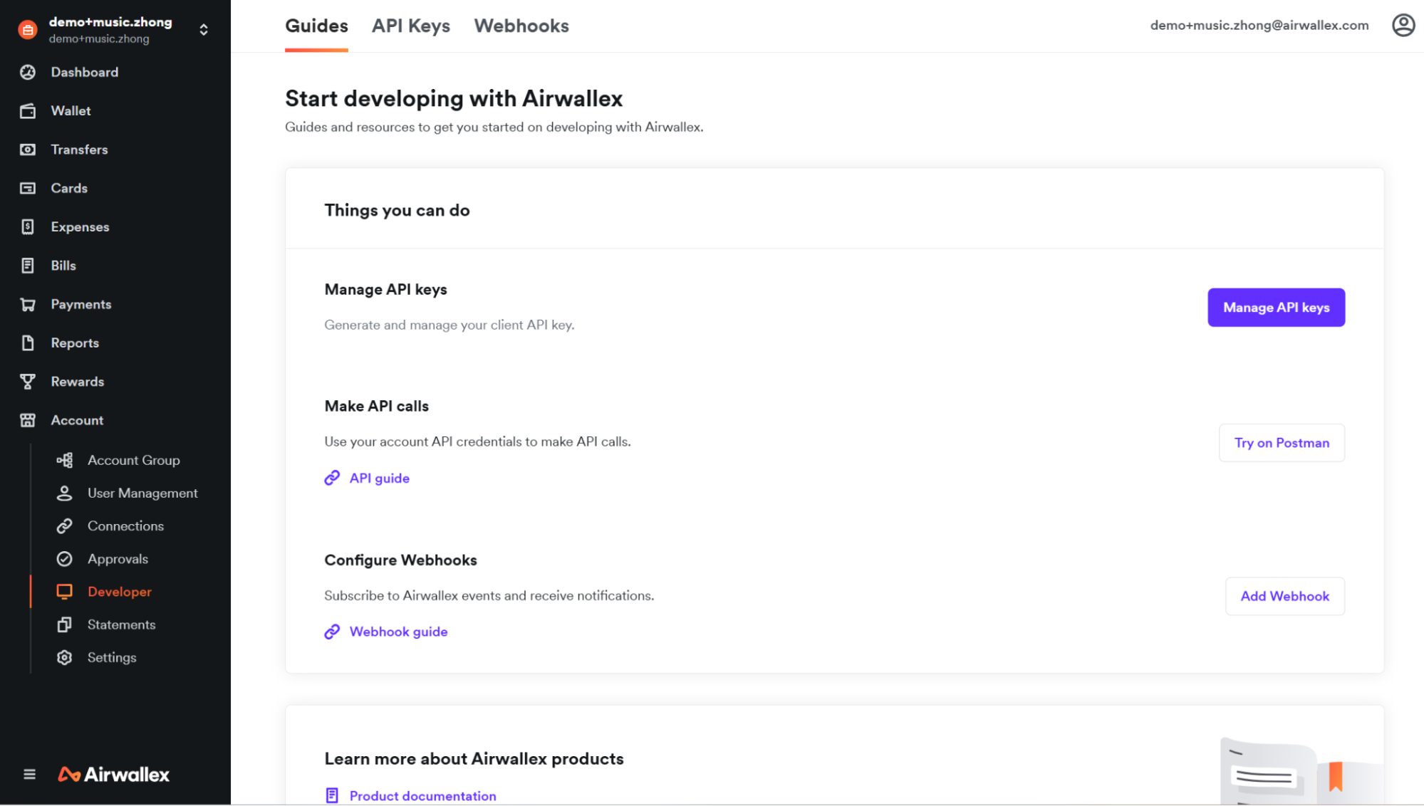 Open the Developer page in the Airwallex web app
