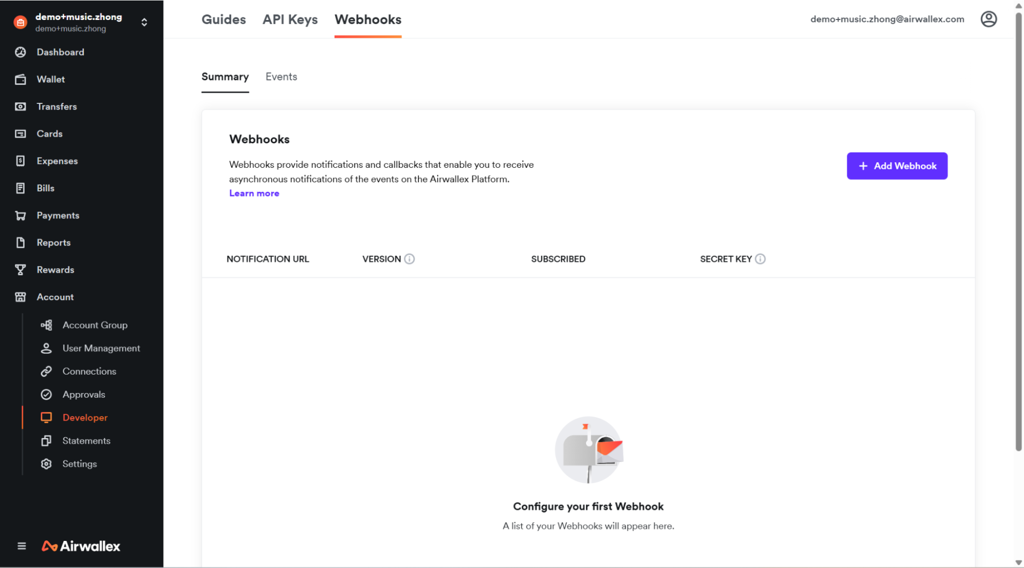 Add a webhook on the Webhooks tab