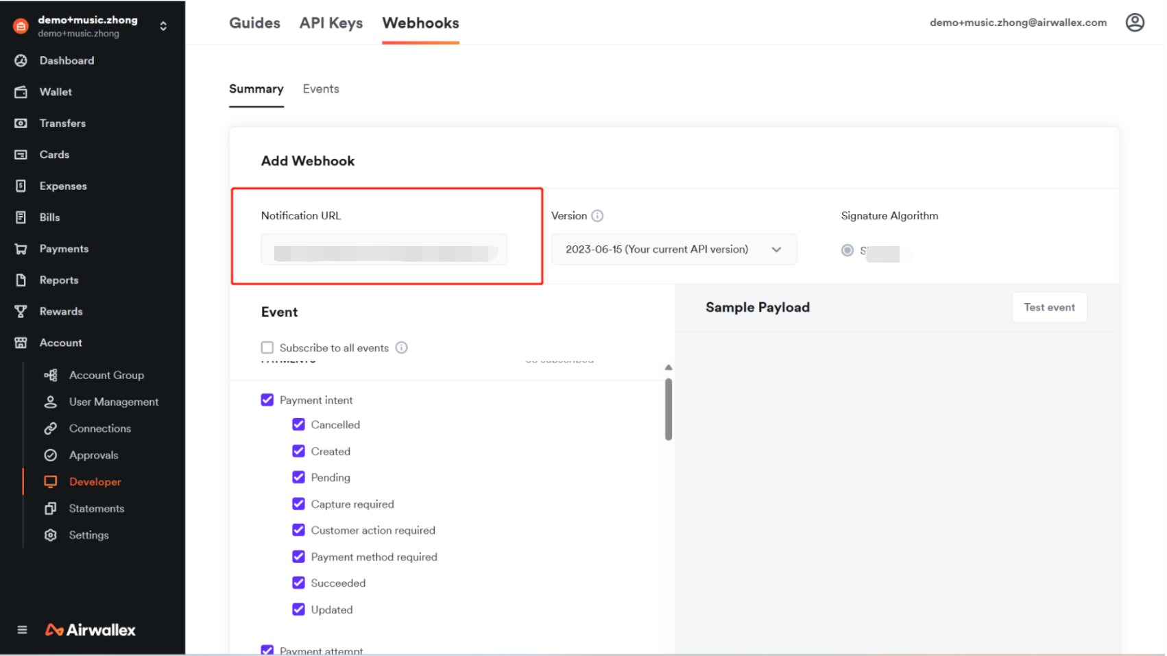 Enter the notification URL for the webhook