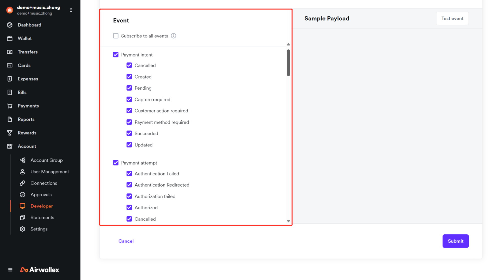 Select the webhook events to subscribe to