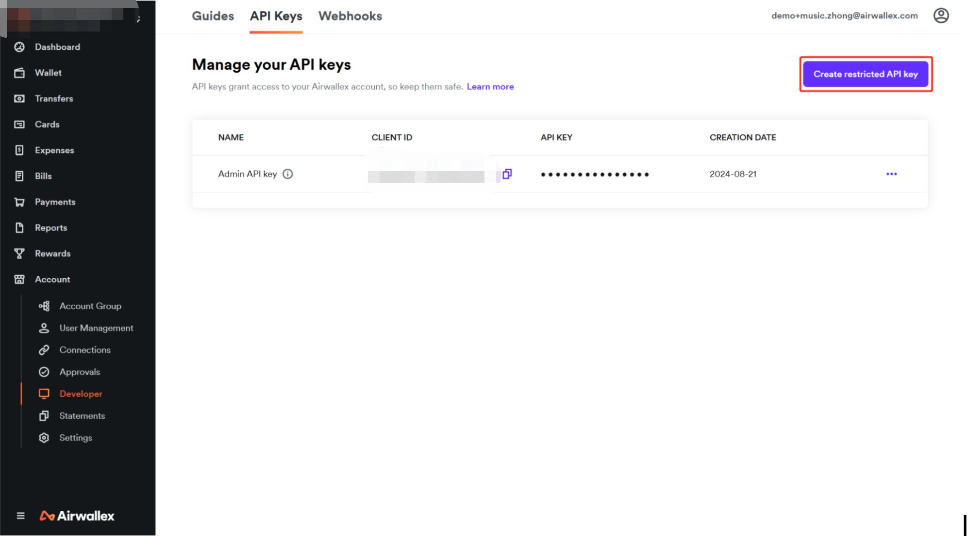Copy your Client ID on the API Keys tab