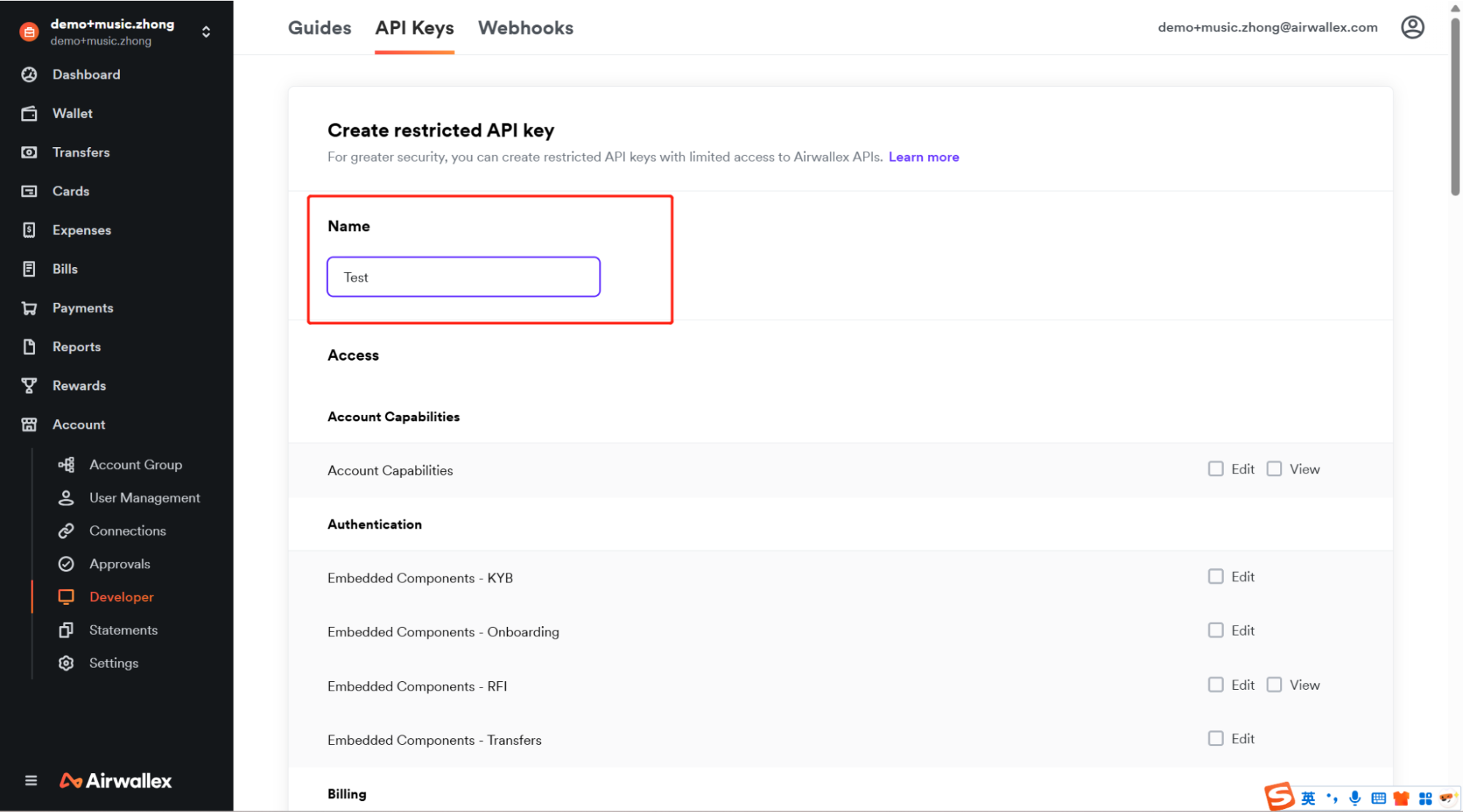 Enter a name for the restricted API key